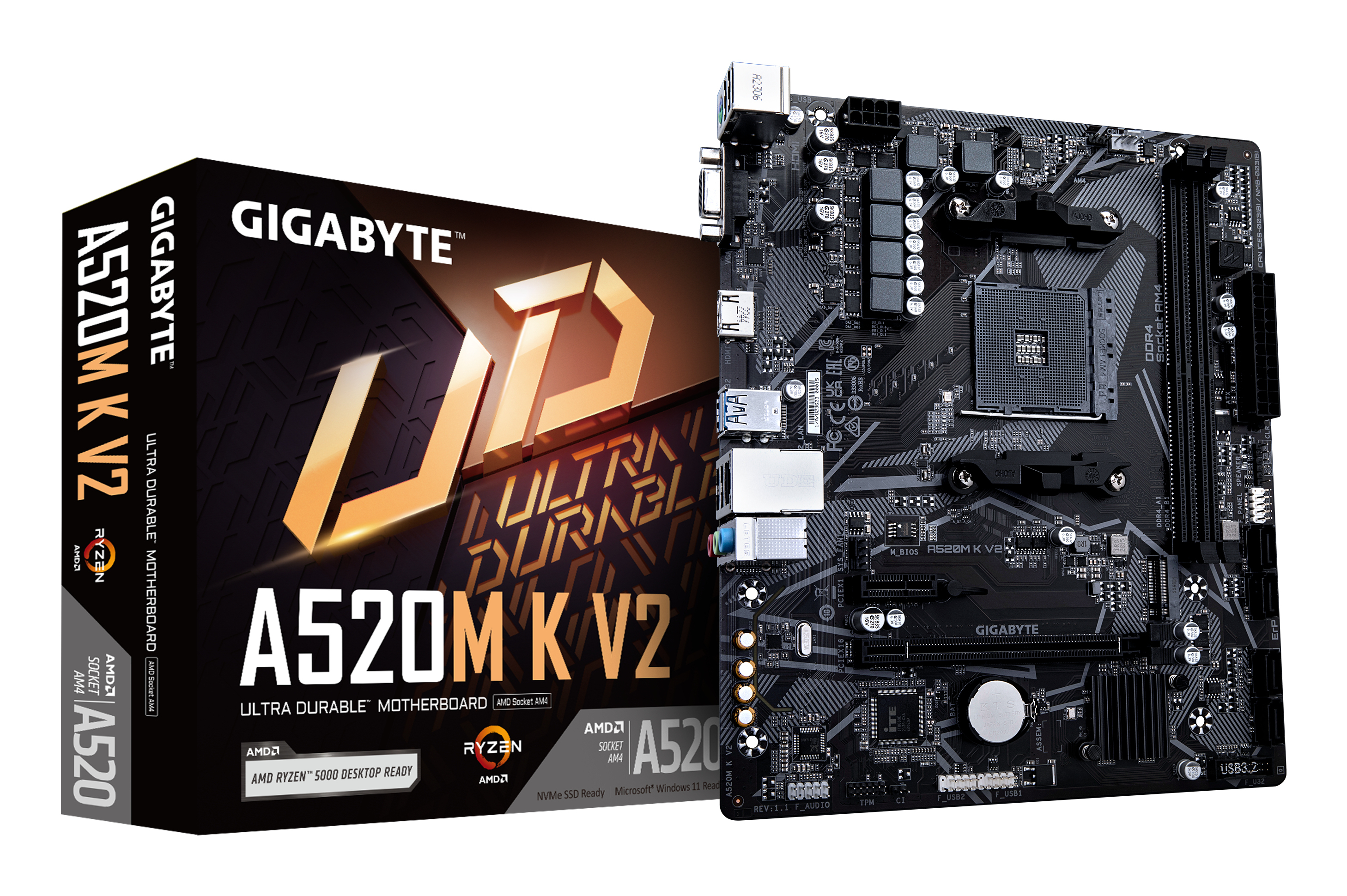 Carte mère A520M K V2 - Prend en charge les processeurs AMD Ryzen série 5000 AM4, jusqu'à 5100MHz DDR4 (OC), PCIe Gen3 x4 M.2, LAN GbE, USB 3.2 Gen 1