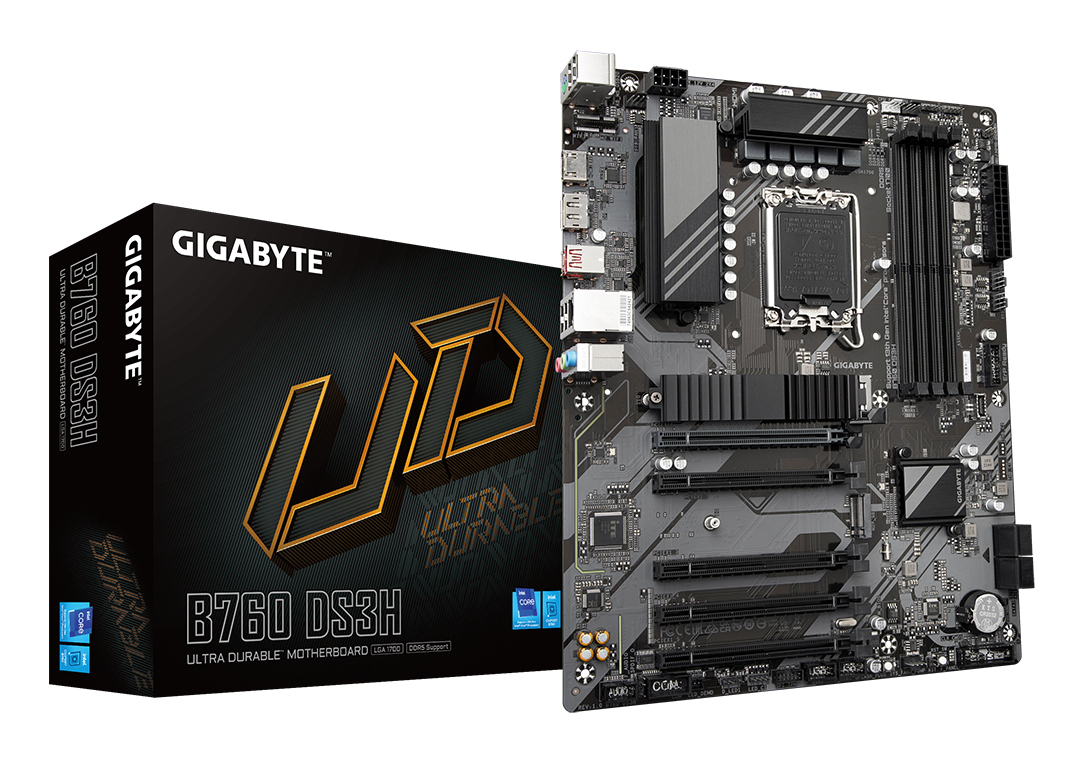 B760 DS3H Carte Mère - Compatible avec les processeurs Intel Core 14e génération, VRM numérique 8+2+1 phases, jusqu'à 7600MHz DDR5 (OC), 2x PCIe 4.0 M.2, LAN GbE, USB 3.2 Gen 2x2