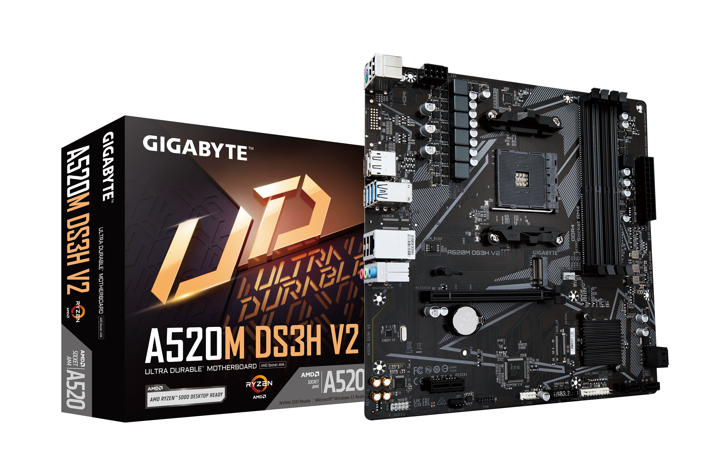 Carte mère A520M DS3H V2 - Prend en charge les processeurs AMD Ryzen série 5000 AM4, jusqu'à 4733 MHz DDR4 (OC), PCIe 3.0 x16, LAN GbE, USB 3.2 Gen 1