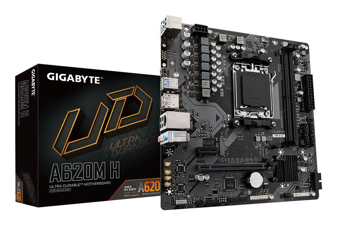 A620M H Carte Mère - Prend en charge les processeurs AMD Ryzen 8000, VRM numérique 5+2+2 phases, jusqu'à 7200MHz DDR5 (OC), 1xPCIe 4.0 M.2, LAN GbE, USB 3.2 Gen 1