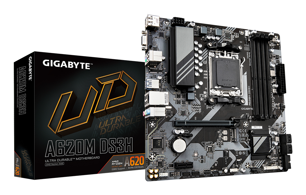 A620M DS3H Carte Mère - Prend en charge les processeurs AMD Ryzen 8000, VRM numérique 5+2+2 phases, jusqu'à 7600MHz DDR5 (OC), 1xPCIe 4.0 M.2, LAN GbE, USB 3.2 Gen 1