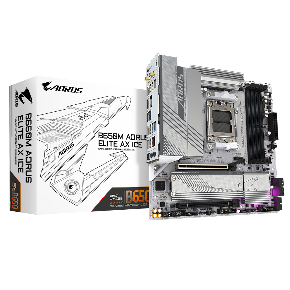 B650M AORUS ELITE AX ICE Carte mère - AMD Ryzen série 9000, VRM 12+2+2 phases, jusqu'à 8000 MHz DDR5 (OC), 1xPCIe 5.0 + 1xPCIe 4.0 M.2, LAN 2,5 GbE, WIFI 6E, USB 3.2 Gen 2x2