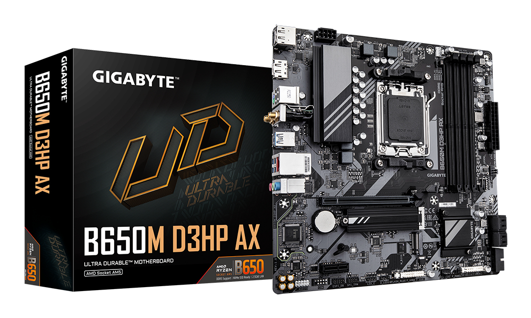 B650M D3HP AX Carte mère - AMD Ryzen série 9000, VRM 5+2+2 phases, jusqu'à 8000 MHz DDR5 (OC), 2xPCIe 4.0 M.2, WIFI 6E, LAN 2,5 GbE, USB 3.2 Gen 1
