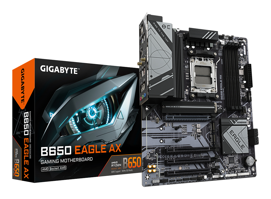 B650 EAGLE AX Carte mère - AMD Ryzen série 9000, VRM 12+2+2 phases, jusqu'à 7600 MHz DDR5 (OC), 1xPCIe 5.0 + 2xPCIe 4.0 M.2, LAN GbE, WIFI 6E, USB 3.2 Gen 2