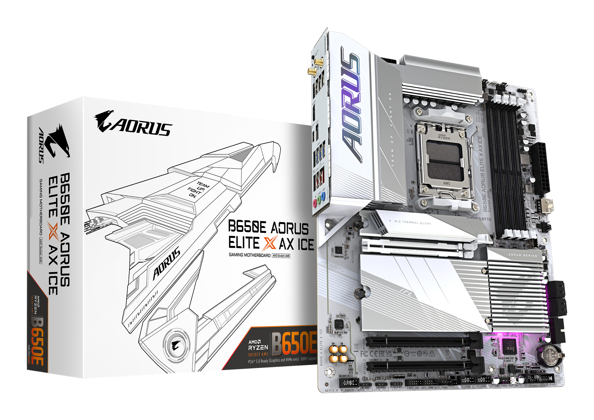 B650E AORUS ELITE X AX ICE Carte mère - AMD Ryzen série 9000, VRM 12+2+2 phases, jusqu'à 8000 MHz DDR5 (OC), 1xPCIe 5.0 + 2xPCIe 4.0 M.2, LAN 2,5 GbE, WIFI 6E, USB 3.2 Gen 2