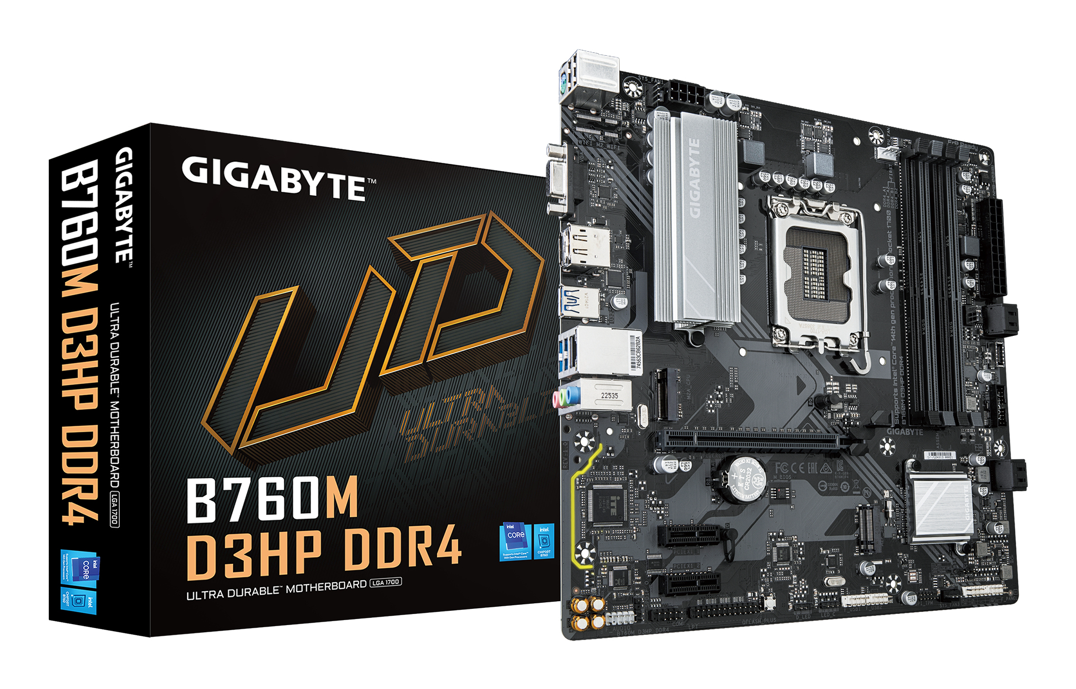 B760M D3HP DDR4 Carte Mère - Prend en charge les processeurs Intel Core de 14e génération, VRM numérique 4+1+1 phases, jusqu'à 5333MHz DDR4 (OC), 2xPCIe 4.0 M.2, LAN GbE, USB 3.2 Gen1