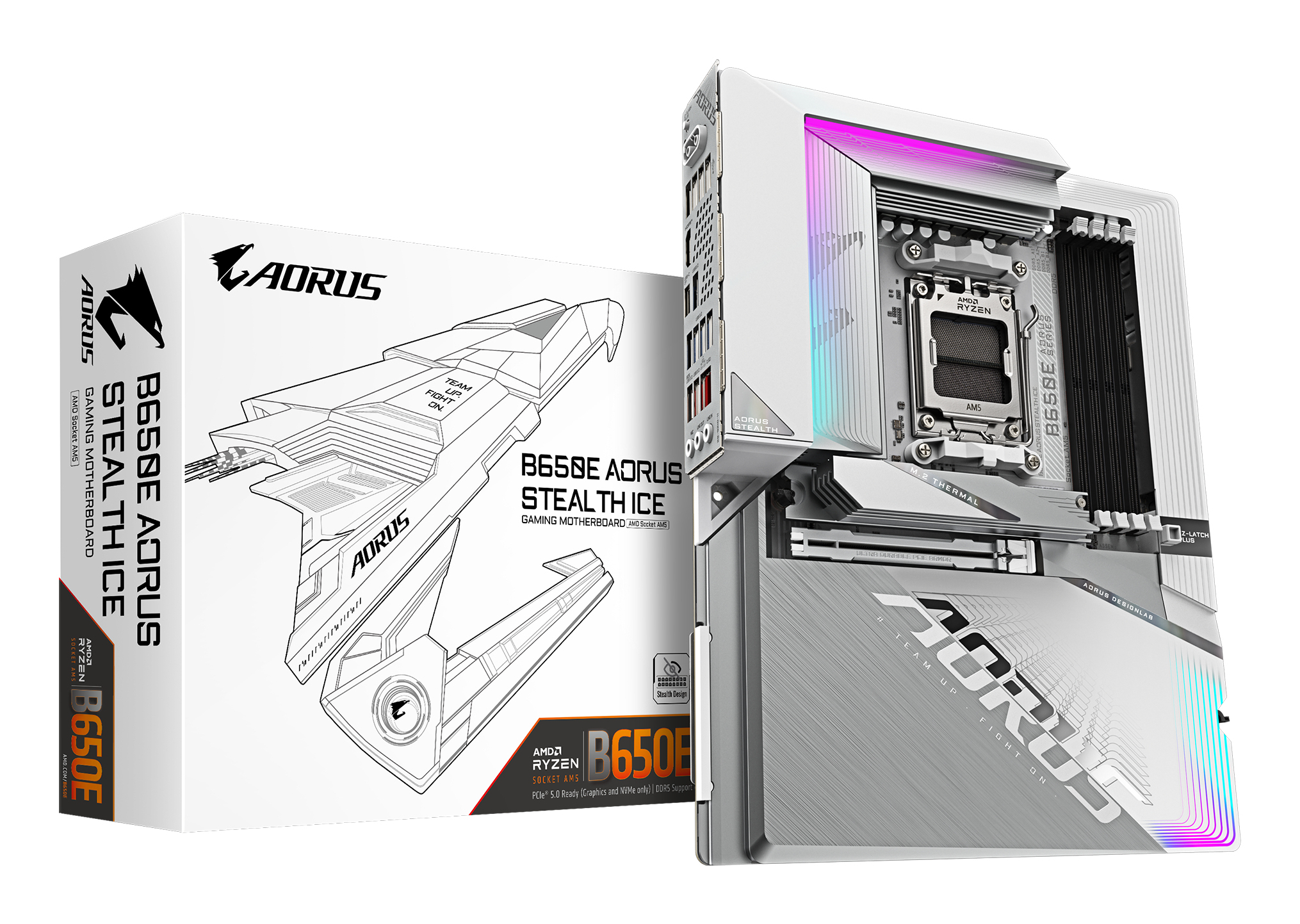 B650E AORUS STEALTH ICE Carte mère - AMD Ryzen série 9000, VRM 12+2+2 phases, jusqu'à 8000 MHz DDR5 (OC), 1xPCIe 5.0 + 2xPCIe 4.0 M.2, LAN 2,5 GbE, WIFI 7, USB 3.2 Gen 2x2