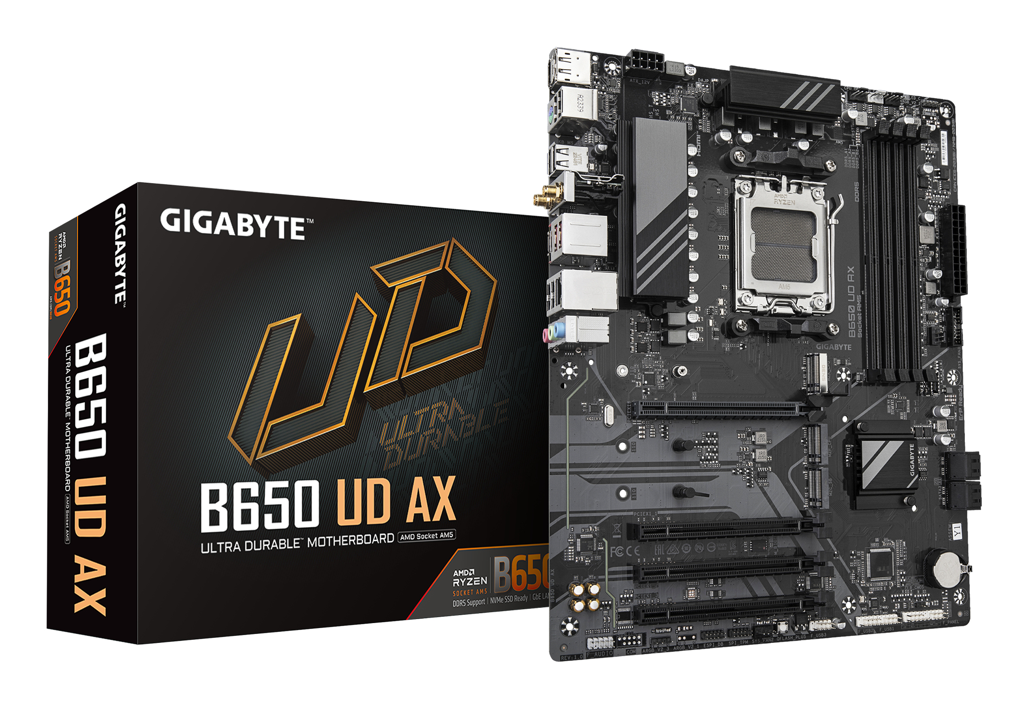 B650 UD AX Carte Mère - Prend en charge les processeurs AMD Ryzen Série 9000, VRM 6+2+2 phases, jusqu'à 7600MHz DDR5 (OC), 1x PCIe 5.0 + 2x PCIe 4.0 M.2, LAN GbE, Wi-Fi 6, USB 3.2 Gen 2
