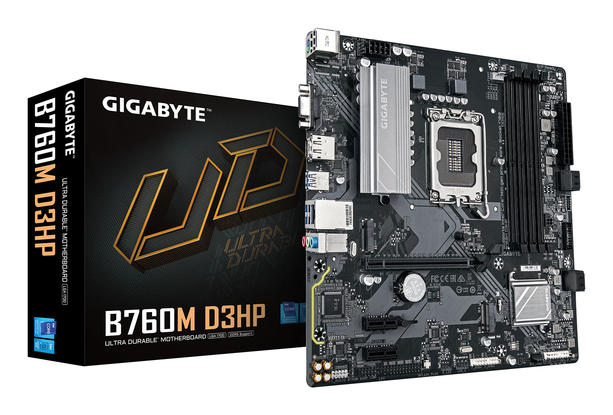 B760M D3HP Carte Mère - Processeurs Intel Core 14ème Génération, VRM 4+1+1 phases, jusqu'à 5600 MHz DDR5, 2xPCIe 4.0 M.2, LAN GbE, USB 3.2 Gen 1