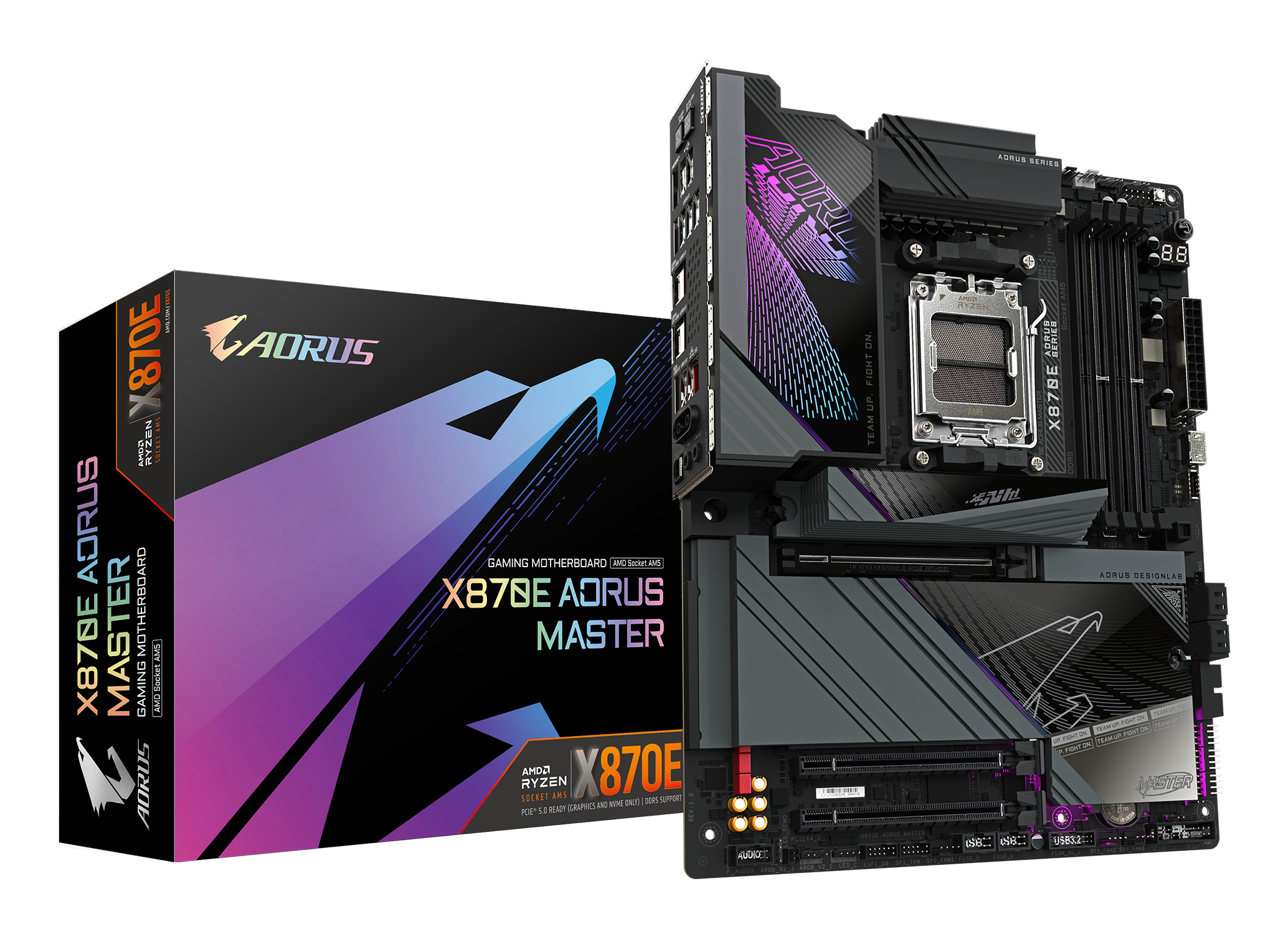 X870E AORUS MASTER Carte Mère - Prend en charge les processeurs AMD Ryzen 9000, 16+2+2 phases VRM numérique, jusqu'à 8600MHz DDR5 (OC), 3xPCIe 5.0 + 1xPCIe 4.0, Wi-Fi 7, LAN 5GbE, USB 4