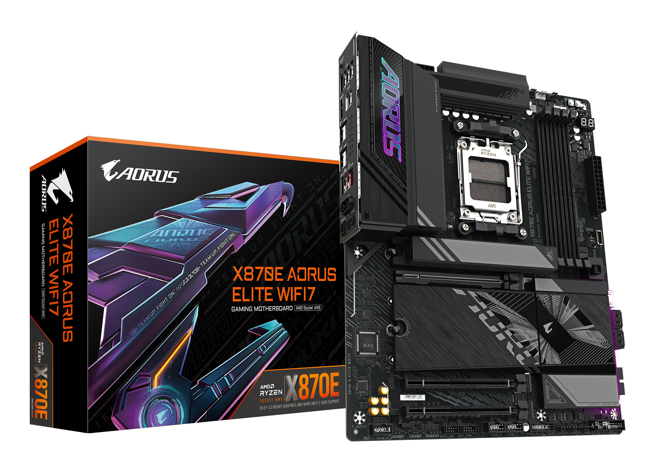 X870E AORUS ELITE WIFI7 Carte Mère - Prend en charge les processeurs AMD Ryzen 9000, 16+2+2 phases VRM numérique, jusqu'à 8000Hz DDR5 (OC), 3xPCIe 5.0 + 1xPCIe 4.0, Wi-Fi 7, LAN 2,5GbE, USB 4