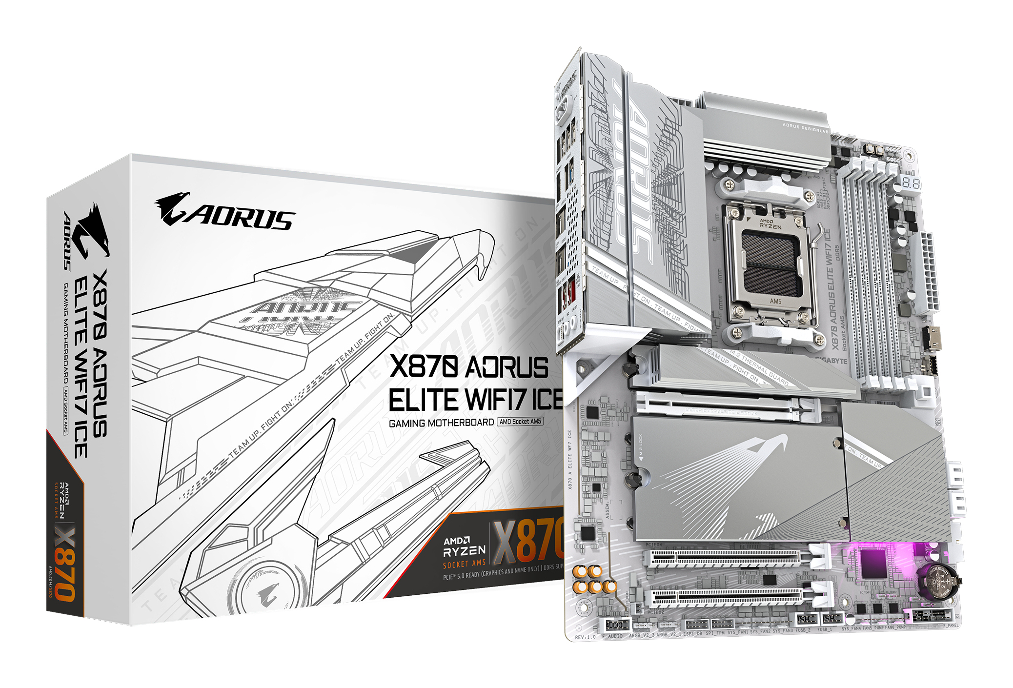 X870 AORUS ELITE WIFI7 ICE Carte Mère - Prend en charge les processeurs AMD Ryzen 9000, 16+2+2 phases VRM numérique, jusqu'à 8200MHz DDR5 (OC), 3xPCIe 5.0 + 1xPCIe 4.0, Wi-Fi 7, LAN 2,5GbE, USB 4