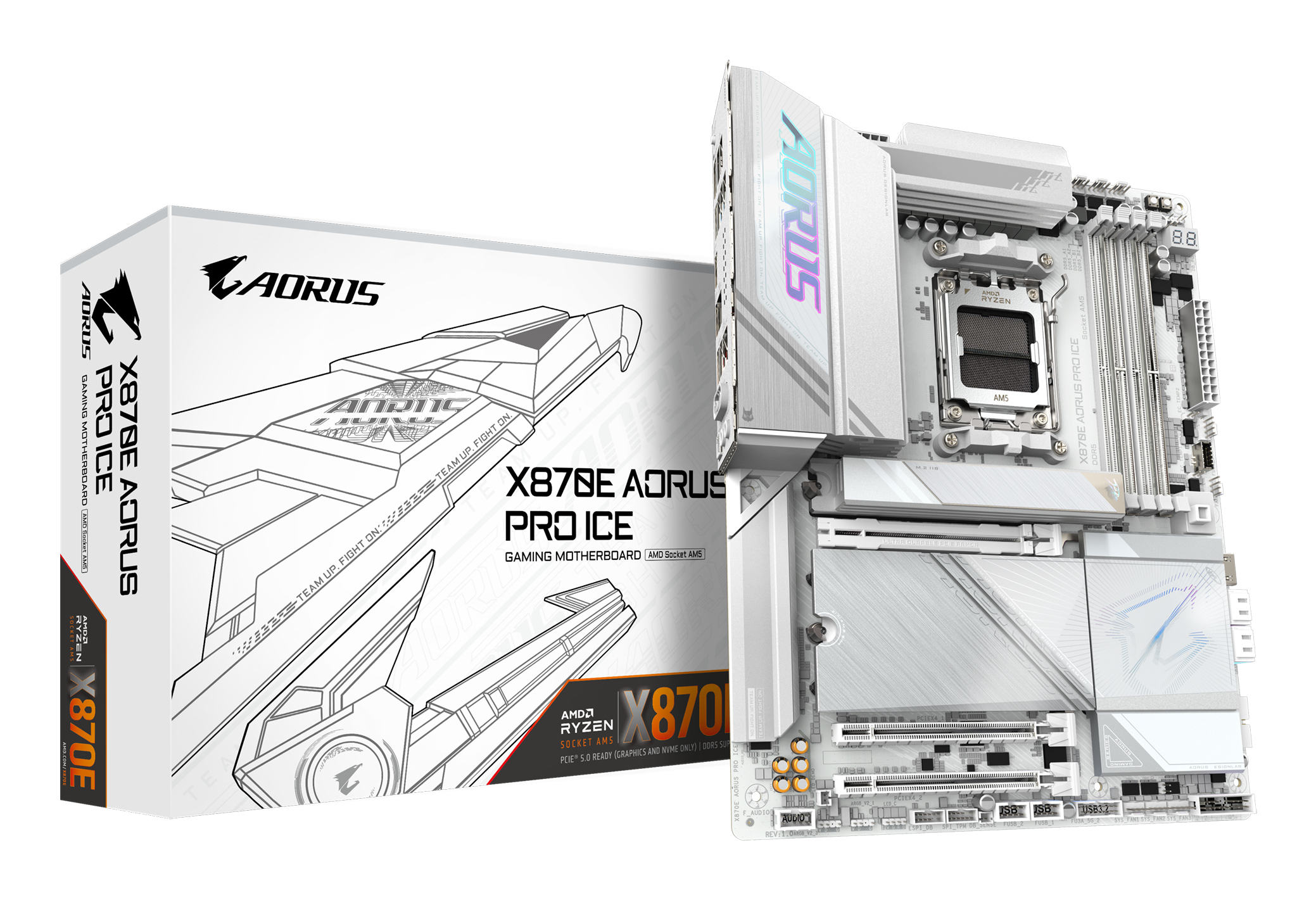 X870E AORUS PRO ICE Carte Mère - Prend en charge les processeurs AMD Ryzen 9000, 16+2+2 Phases VRM Digital, jusqu'à 8000MHz DDR5 (OC), 3xPCIe 5.0 + 1xPCIe 4.0, Wi-Fi 7, 2.5GbE LAN, USB 4