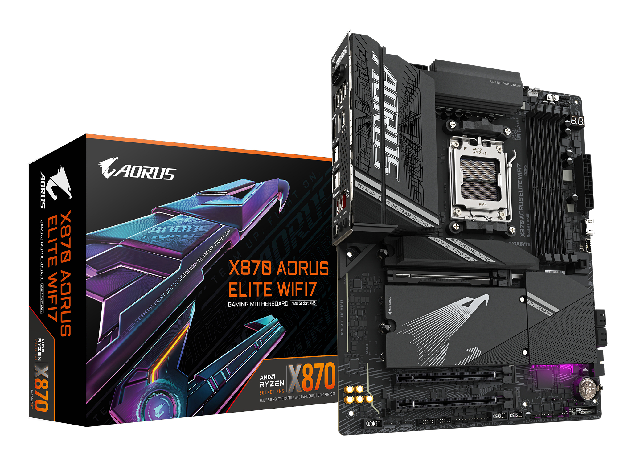 X870 AORUS ELITE WIFI7 Carte Mère - Prend en charge les processeurs AMD Ryzen 9000, 16+2+2 phases VRM, jusqu'à 8000MHz DDR5 (OC), 3xPCIe 5.0 + 1xPCIe 4.0, Wi-Fi 7, LAN 2,5GbE, USB 4