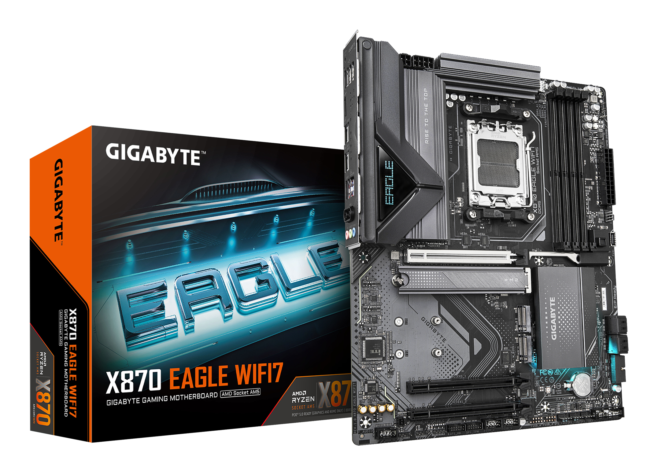 X870 EAGLE WIFI7 Carte Mère - Prend en charge les processeurs AMD Ryzen 9000, 14+2+2 phases VRM, jusqu'à 8000MHz DDR5 (OC), 1xPCIe 5.0 + 2xPCIe 4.0, Wi-Fi 7, LAN 2,5GbE, USB 4