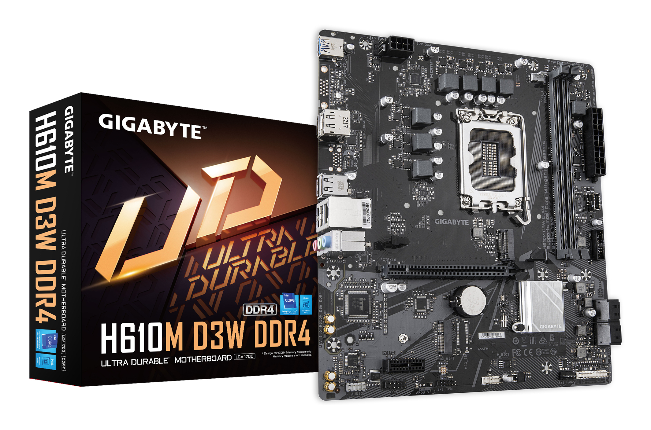 H610M D3W DDR4 Carte mère - Compatible avec les processeurs Intel Core de 14e génération, VRM 5+1+1 phases, jusqu'à 3200 MHz DDR4, 1xPCIe 3.0 M.2, LAN 1 GbE, USB 3.2 Gen 1