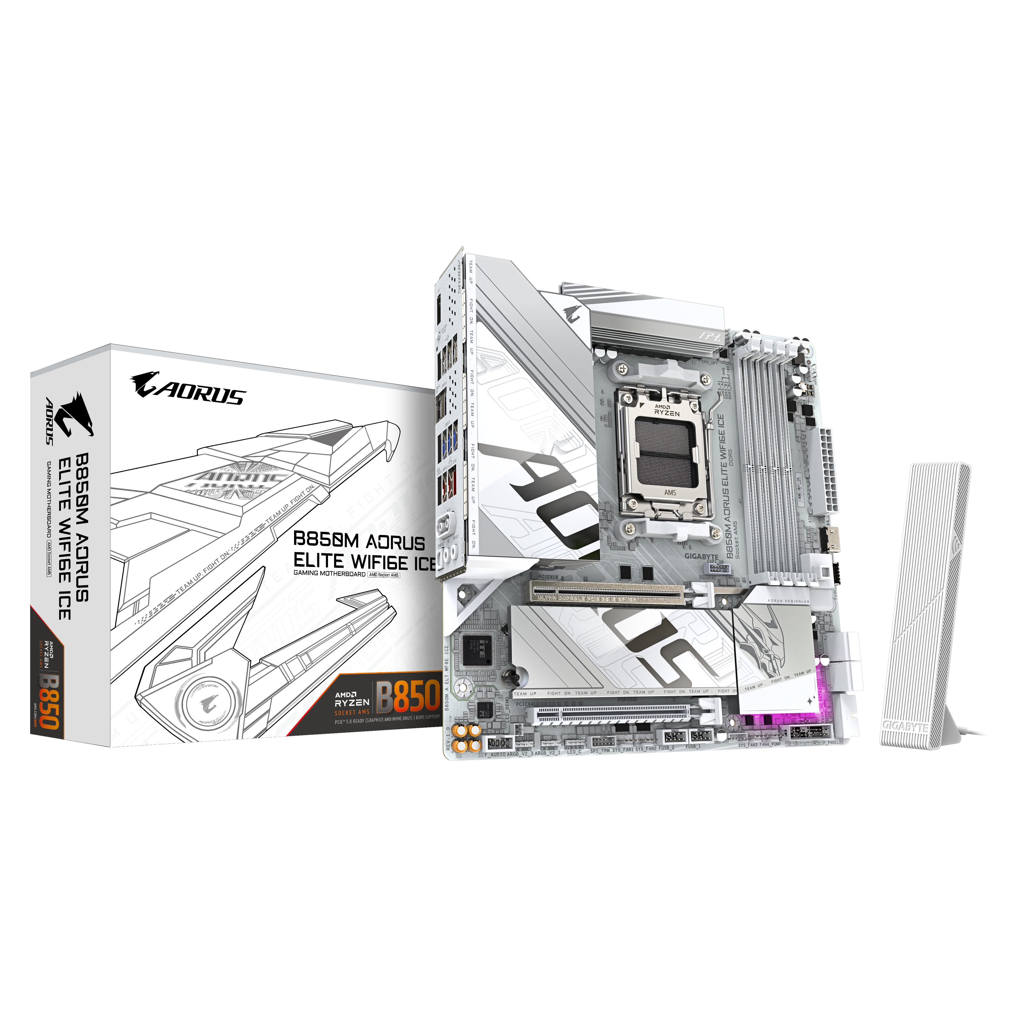 B850M AORUS ELITE WIFI6E ICE Carte Mère - Processeurs AMD Ryzen Série 9000, 12+2+1 phases VRM numériques, jusqu'à 8200MHz DDR5 (OC), 1xPCIe 5.0 + 1xPCIe 4.0 M.2, LAN 2.5, WIFI 7, USB 3.2 Gen 2