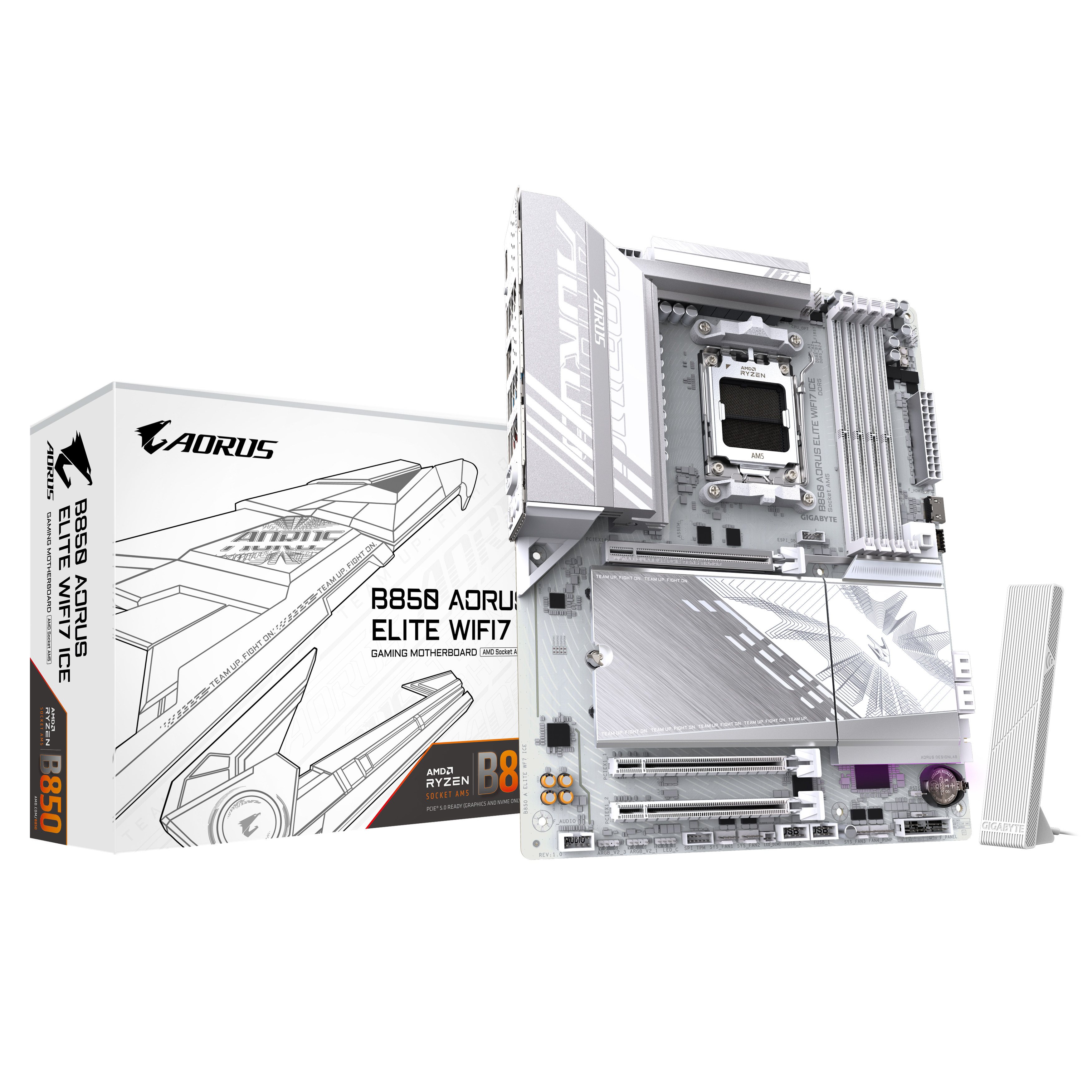B850 AORUS ELITE WIFI7 ICE Carte Mère - AMD Ryzen 9000 Series CPUs, VRM numérique 14+2+2 phases, jusqu'à 8200MHz DDR5 (OC), 1xPCIe 5.0 + 2xPCIe 4.0 M.2, LAN 2,5, WIFI 7, USB 3.2 Gen 2x2