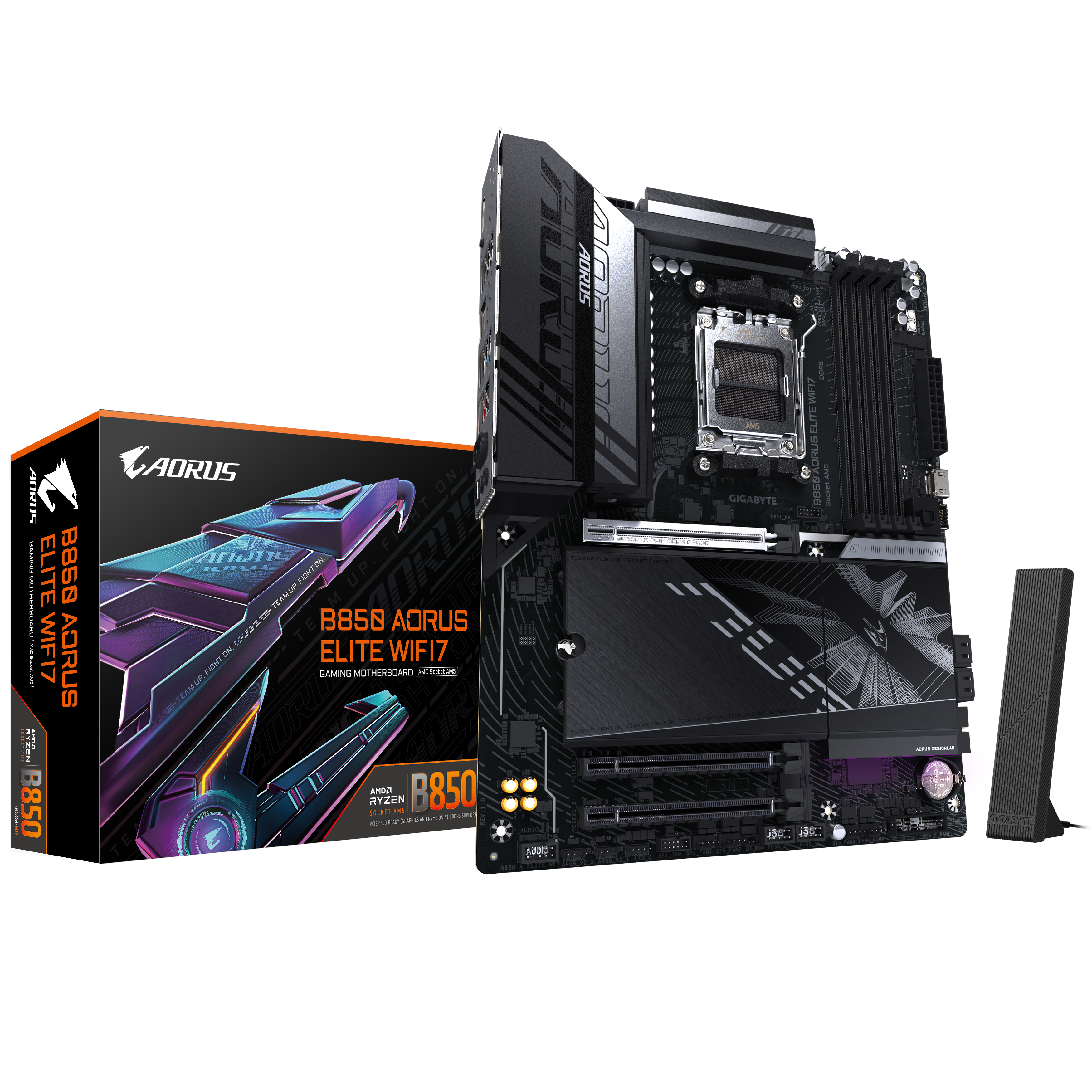 B850 AORUS ELITE WIFI7 Carte Mère - AMD Ryzen 9000 Series CPUs, VRM numérique 14+2+2 phases, jusqu'à 8200MHz DDR5 (OC), 1xPCIe 5.0 + 2xPCIe 4.0 M.2, LAN 2,5, WIFI 7, USB 3.2 Gen 2x2