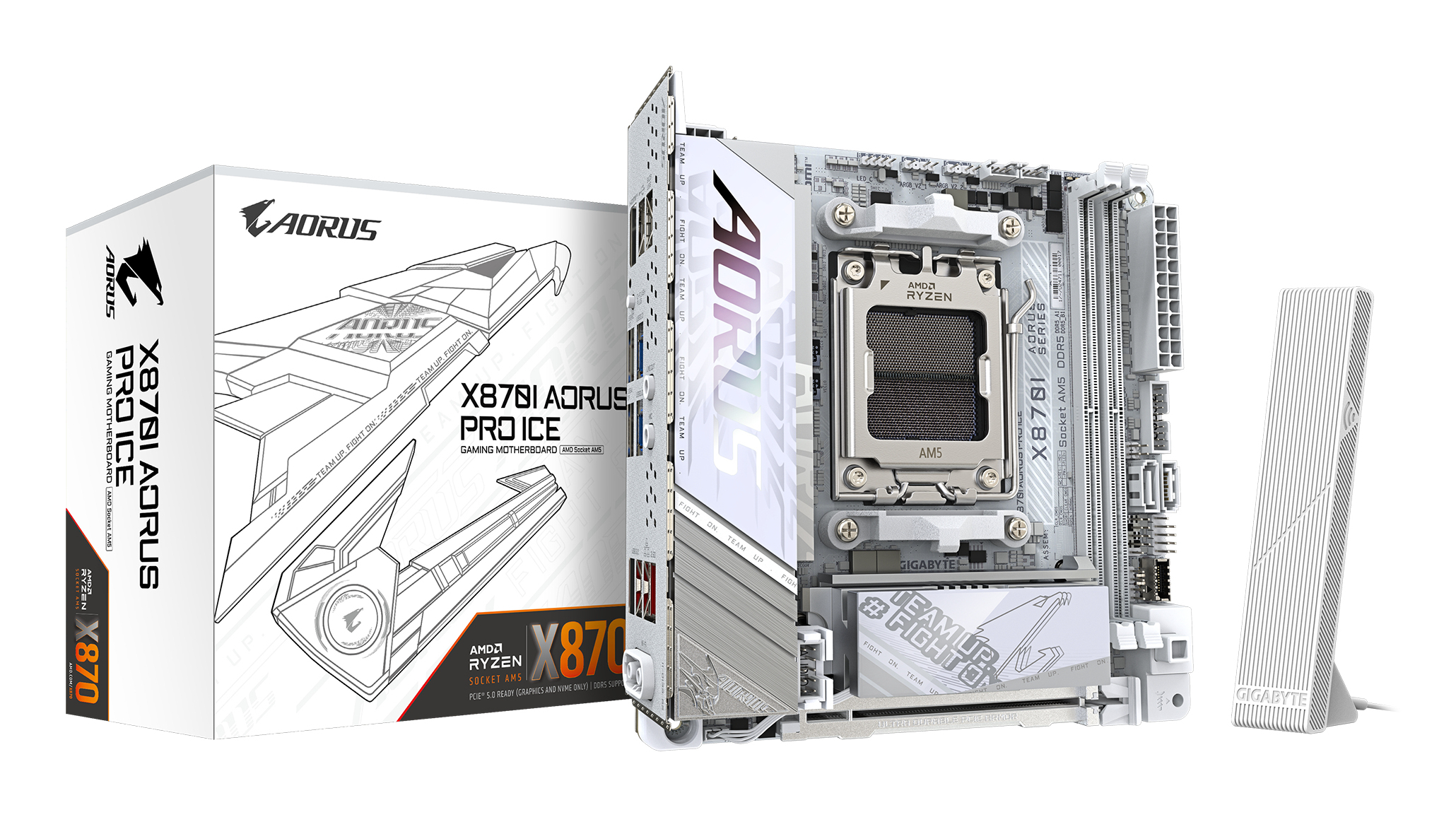 X870I AORUS PRO ICE Carte mère - Compatible avec les processeurs AMD Ryzen série 9000, VRM 8+2+1 phases, jusqu'à 8400 MHz DDR5 (OC), 1xPCIe 5.0 M.2 + 1xPCIe 4.0 M.2, WI-FI 7, LAN 2,5 GbE, USB 4