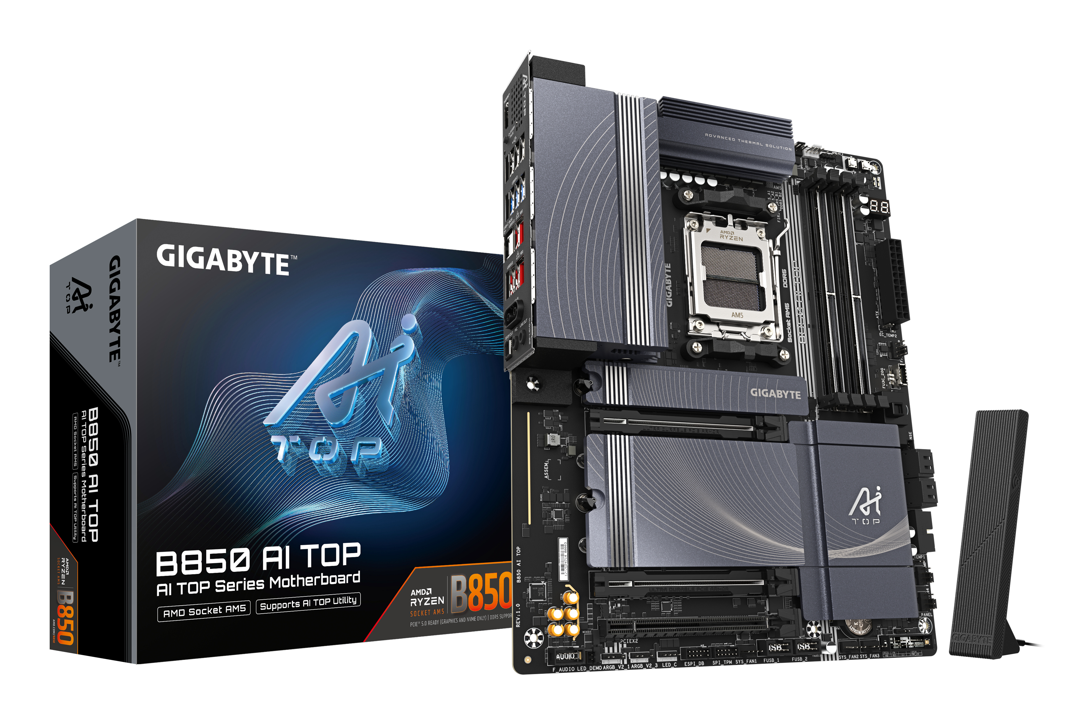 B850 AI TOP Carte Mère - Processeurs AMD Ryzen Série 9000, 16+2+2 phases VRM numériques, jusqu'à 8600MHz DDR5 (OC), 2xPCIe 5.0 + 1xPCIe 4.0 M.2, LAN 10GbE, WIFI 7, USB 3.2 Gen 2x2