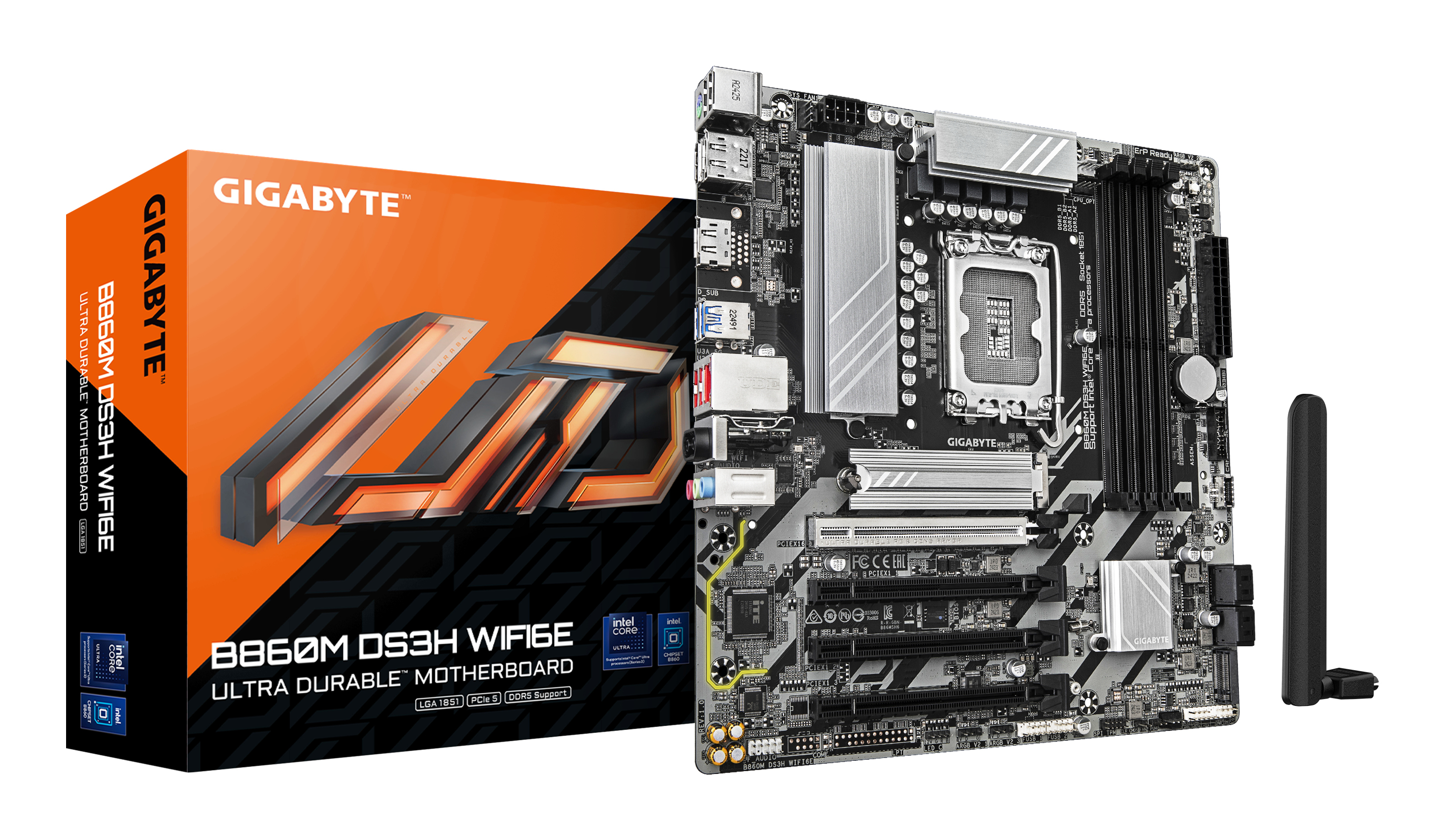 B860M DS3H WIFI6E Carte mère - Processeurs Intel Core Ultra, VRM 5+1+2+1 phases, jusqu'à 9066MHz DDR5, 1xPCIe 5.0 + 1xPCIe 4.0 M.2, LAN 2,5 GbE, WIFI 6E, USB 3.2 Gen 2