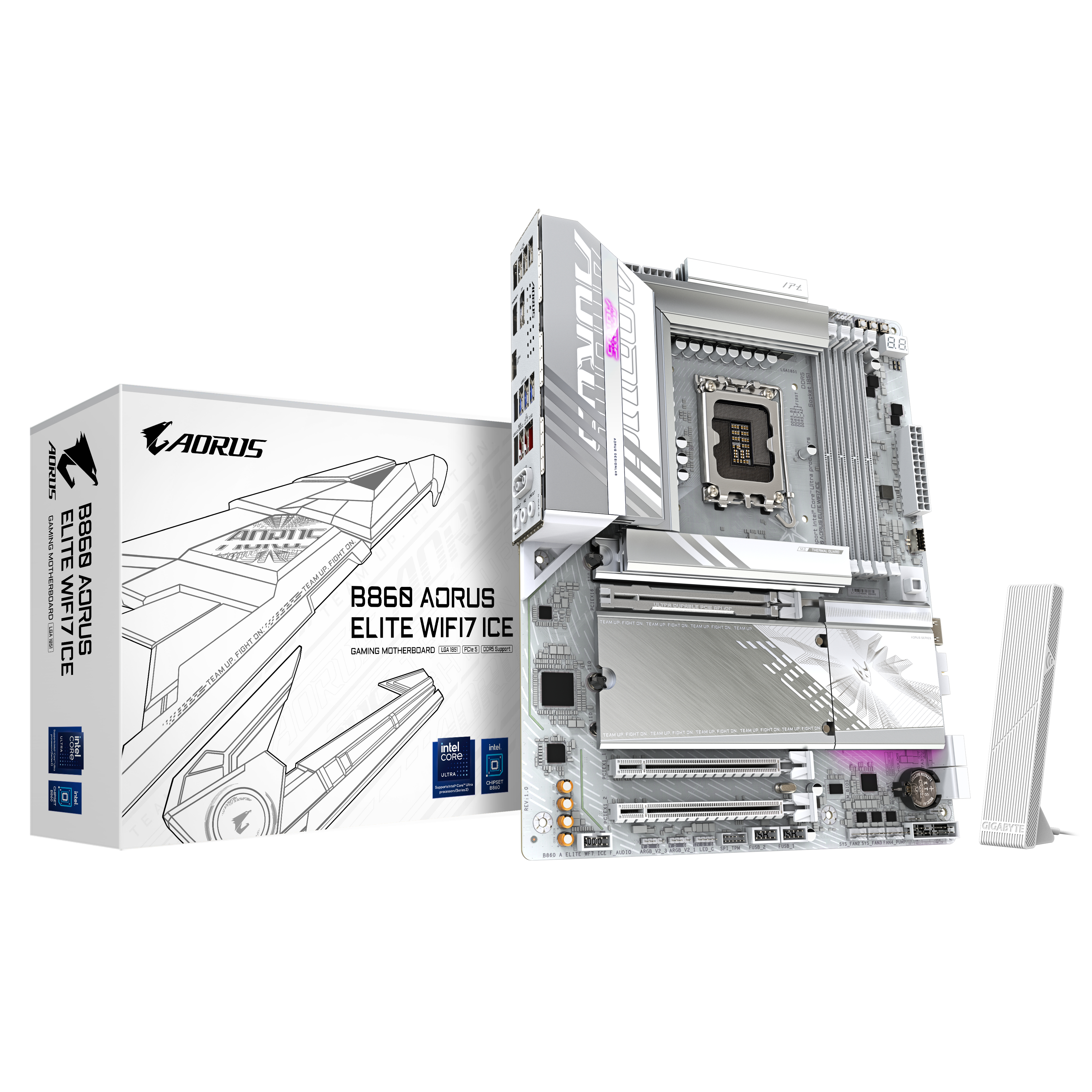B860 AORUS ELITE WIFI7 ICE Carte mère - Processeurs Intel Core Ultra, VRM 14+1+2+1 phases, jusqu'à 9200MHz DDR5, 1xPCIe 5.0 + 2xPCIe 4.0 M.2, LAN 2,5 GbE, WIFI 7, USB 4