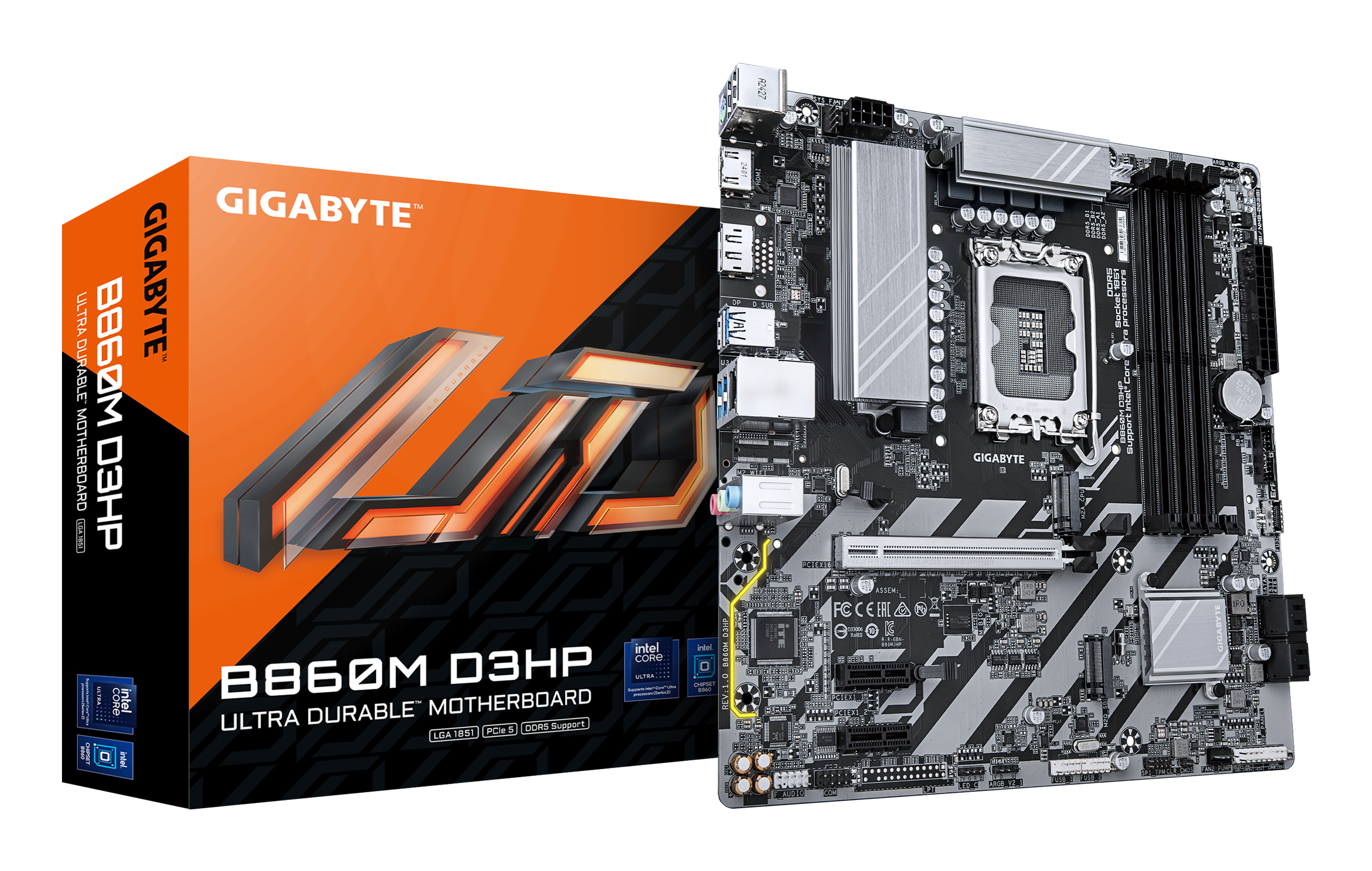 B860M D3HP Carte mère - Processeurs Intel Core Ultra, VRM 4+1+2+1 phases, jusqu'à 9066MHz DDR5, 2xPCIe 4.0 M.2, LAN GbE, USB 3.2 Gen 1