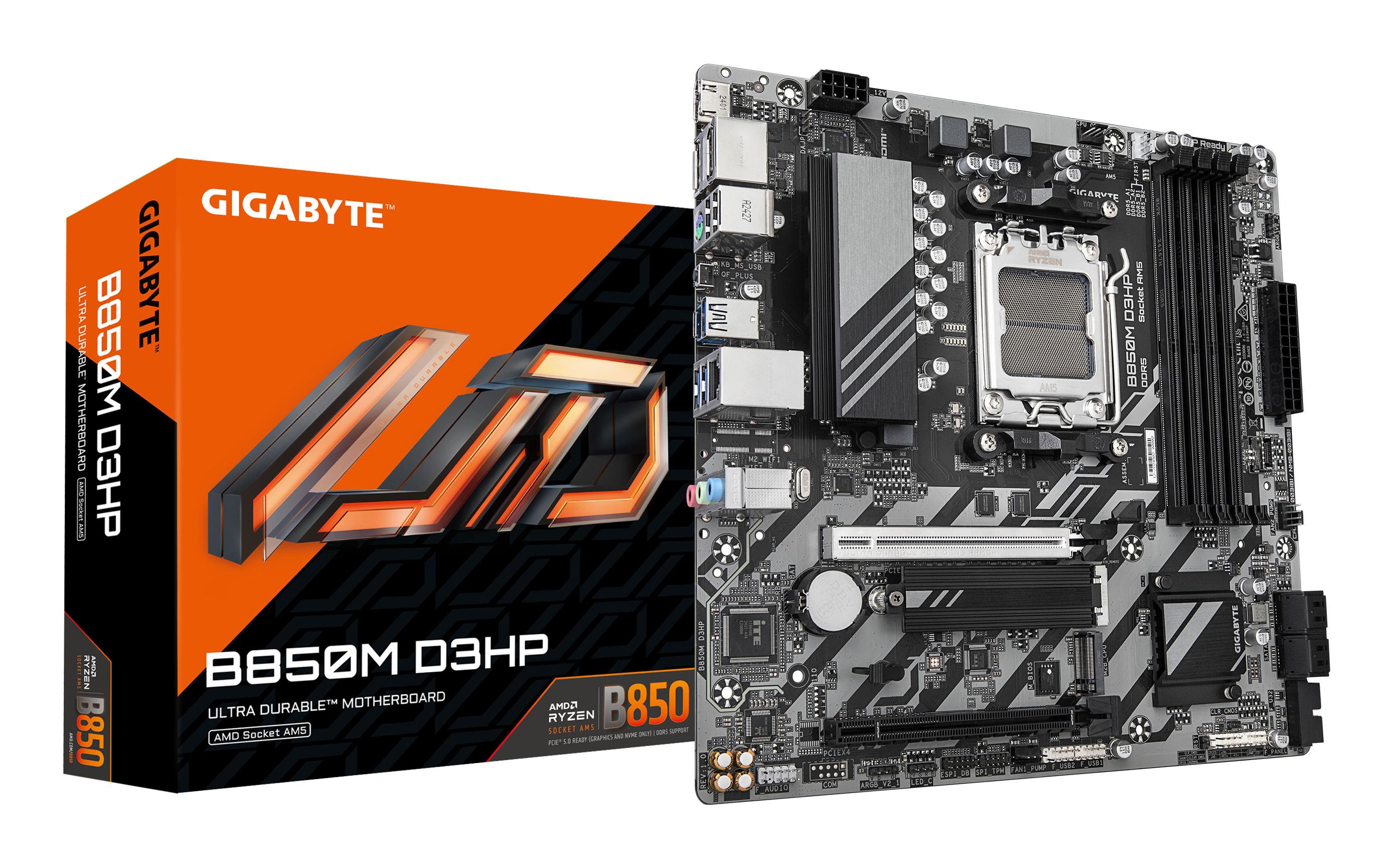 B850M D3HP Carte Mère - Processeurs AMD Ryzen Série 9000, 5+2+2 phases VRM numériques, jusqu'à 8200MHz DDR5 (OC), 1xPCIe 5.0 + 1xPCIe 4.0 M.2, LAN GbE, USB 3.2 Gen 2