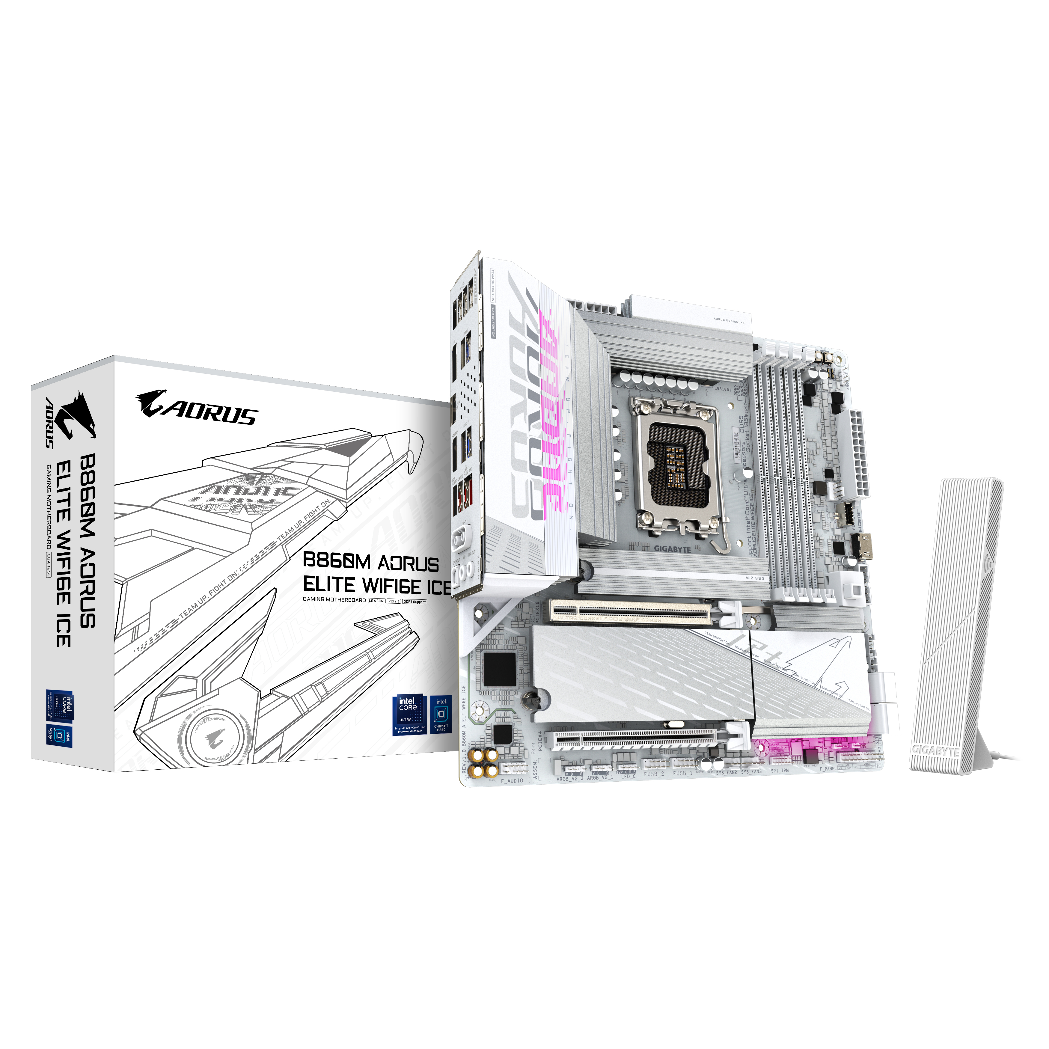 B860M AORUS ELITE WF6E ICE Carte mère - Processeurs Intel Core Ultra, VRM 12+1+2+1 phases, jusqu'à 9200MHz DDR5, 1xPCIe 5.0 + 2xPCIe 4.0 M.2, LAN 2,5 GbE, WIFI 6E, USB 4