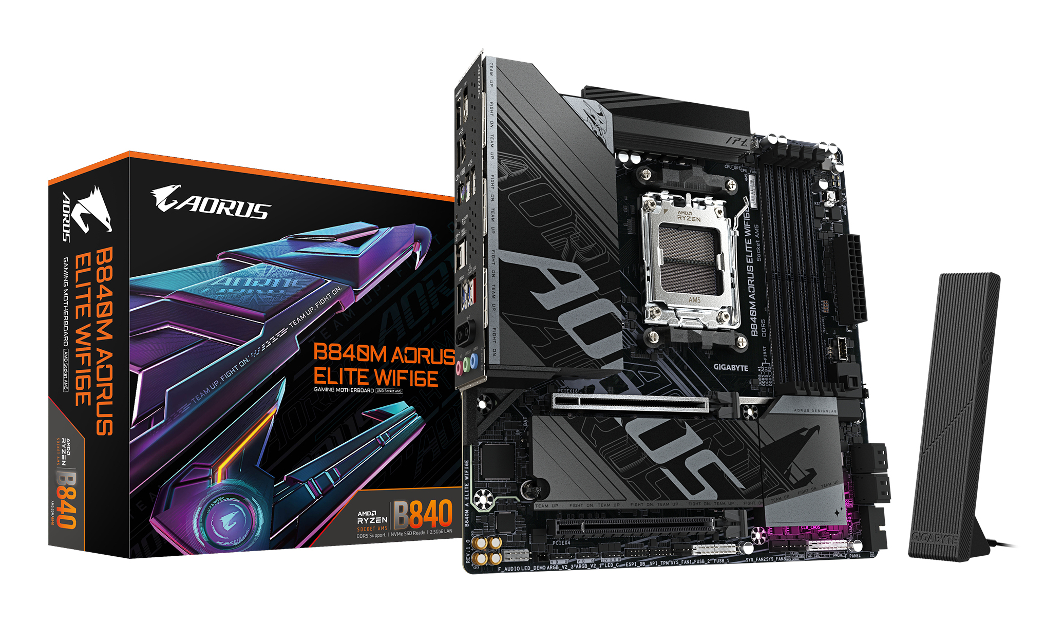 B840M AORUS ELITE WIFI6E Carte Mère – Processeurs AMD Ryzen 9000, 10+2+2 phases VRM, jusqu’à 8200 MHz DDR5 (O.C.), 2 x M.2 PCIe 4.0, Wi-Fi 6E, LAN 2.5 GbE, USB 3.2 Gen 2