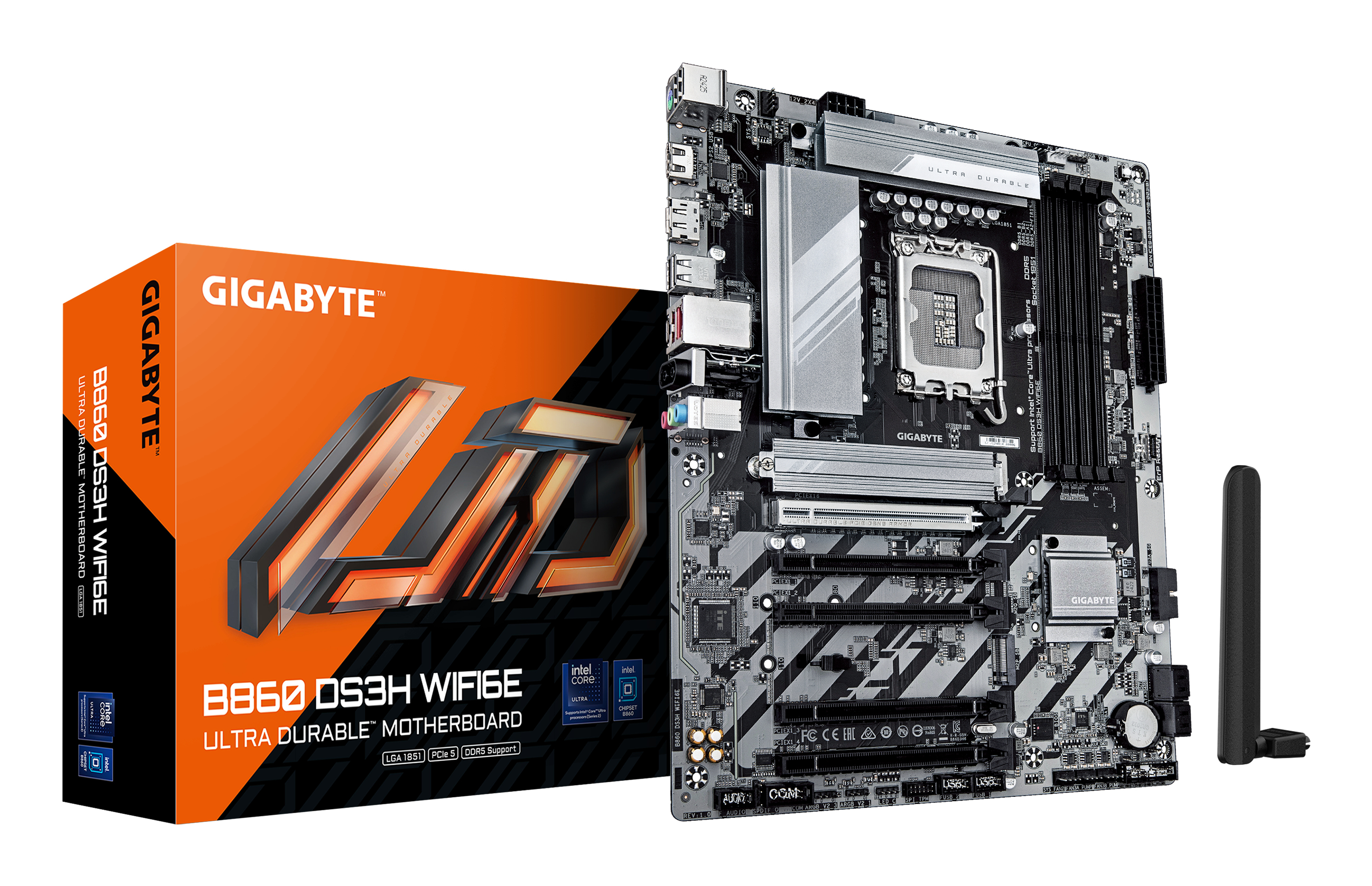 B860 DS3H WIFI6E Carte mère - Processeurs Intel Core Ultra, VRM 8+1+2+2 phases, jusqu'à 9066MHz DDR5, 1xPCIe 5.0 + 1xPCIe 4.0 M.2, LAN 2,5 GbE, WIFI 6E, USB 3.2 Gen 2x2