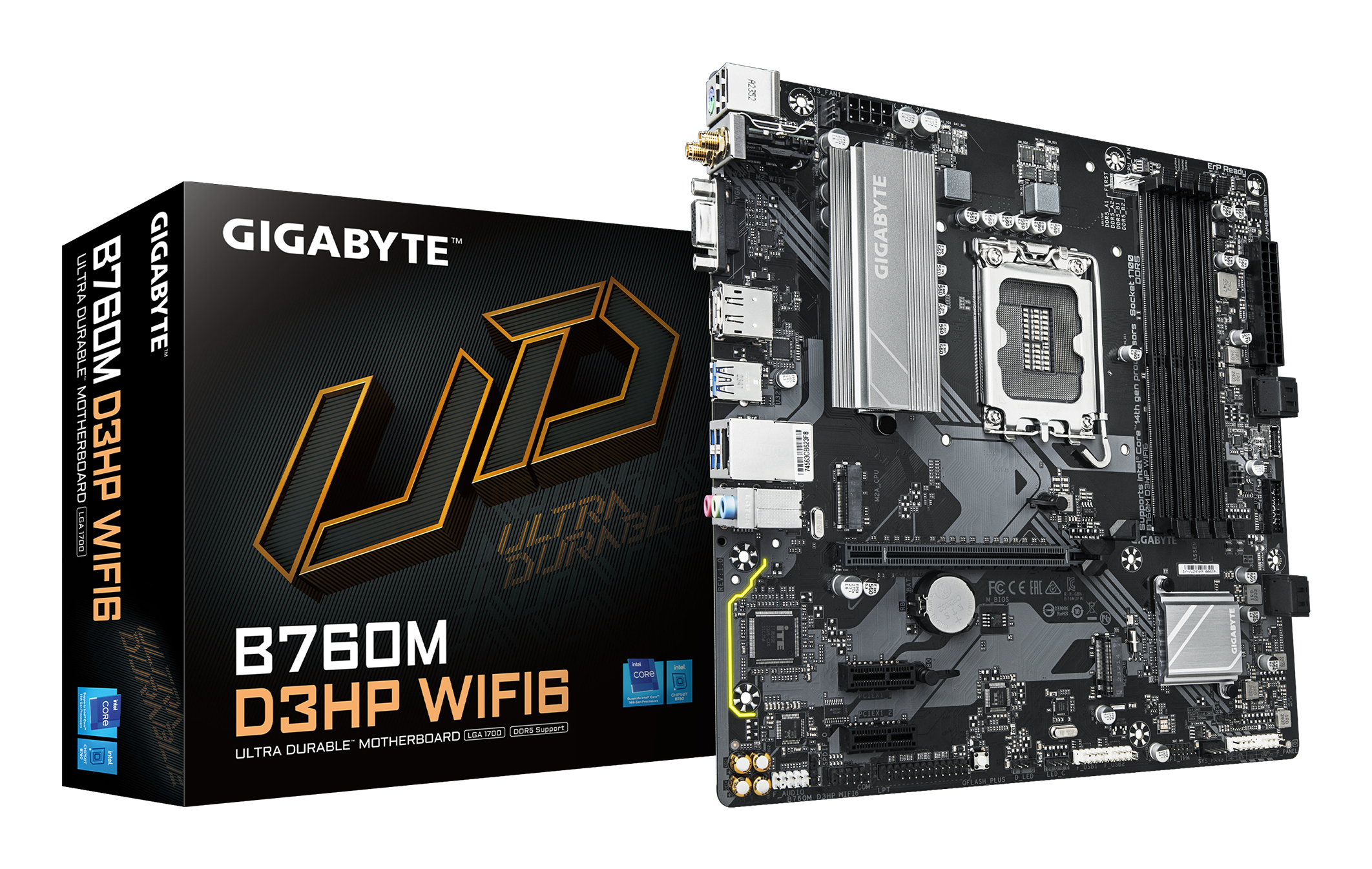 B760M D3HP WIFI6 Carte mère - Compatible avec les processeurs Intel Core 14e génération, VRM numérique 4+1+1 phases, jusqu'à 5600 MHz DDR5, 2x M.2 PCIe 4.0, Wi-Fi 6, LAN GbE, USB 3.2 Gen 1