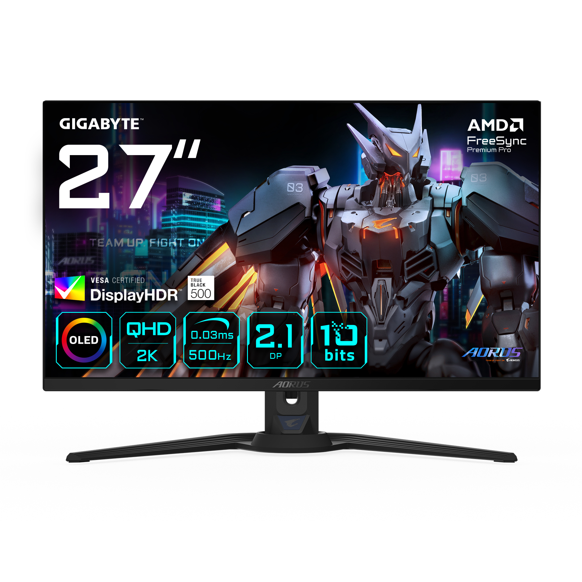 AORUS FO27Q5P Moniteur de jeu OLED QHD – 2560 x 1440, 500 Hz, 0,03 ms, KVM, 300 cd/m², FreeSync Premium Pro, DisplayHDR True Black 500, DisplayPort 2.1
