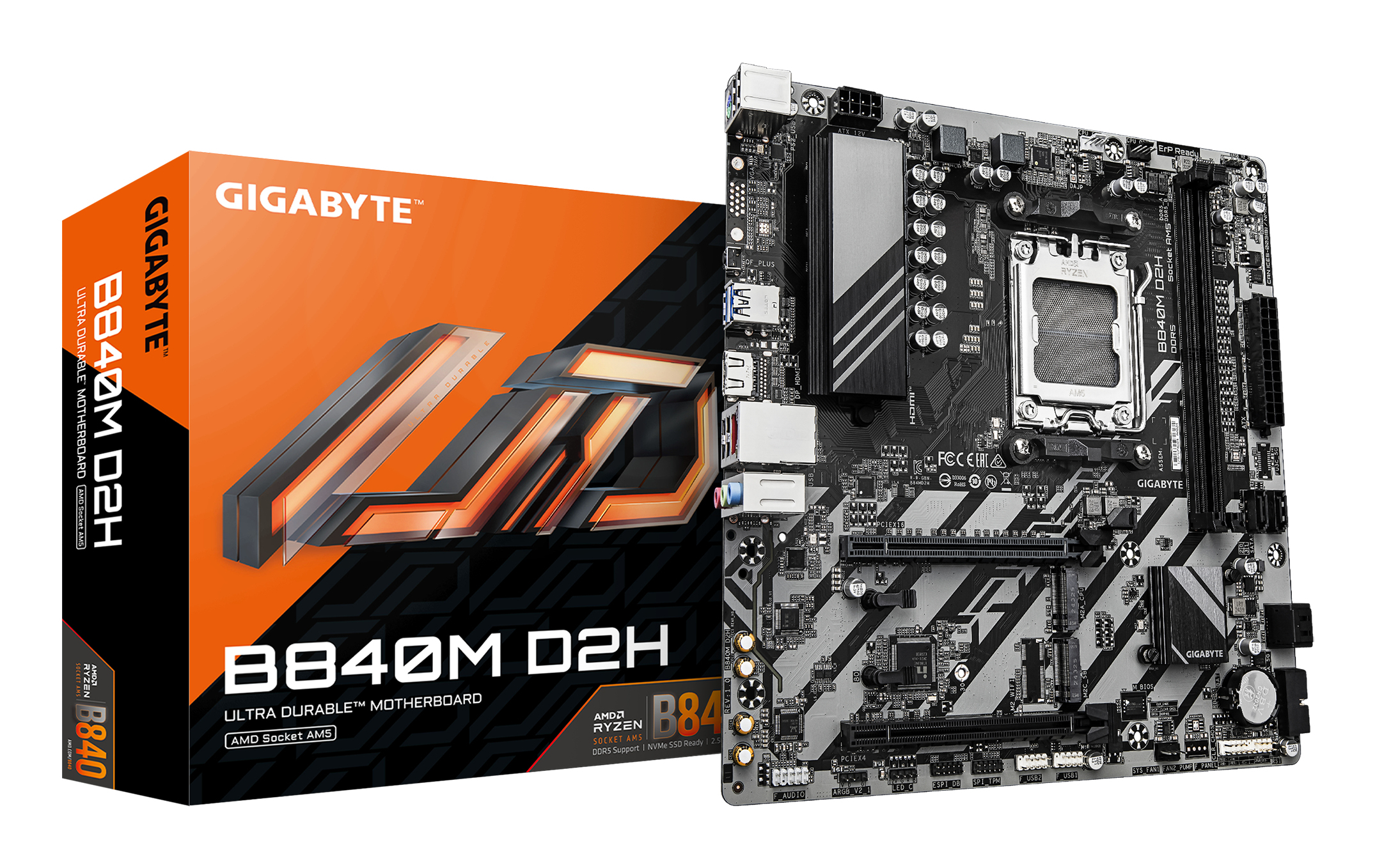 B840M D2H Carte mère - Processeurs AMD Ryzen 9000, VRM 5+2+2 phases, jusqu'à 7600 MHz DDR5, 1xPCIe 4.0 + 1xPCIe 3.0 M.2, LAN 2.5GbE, USB 3.2 Gen 1