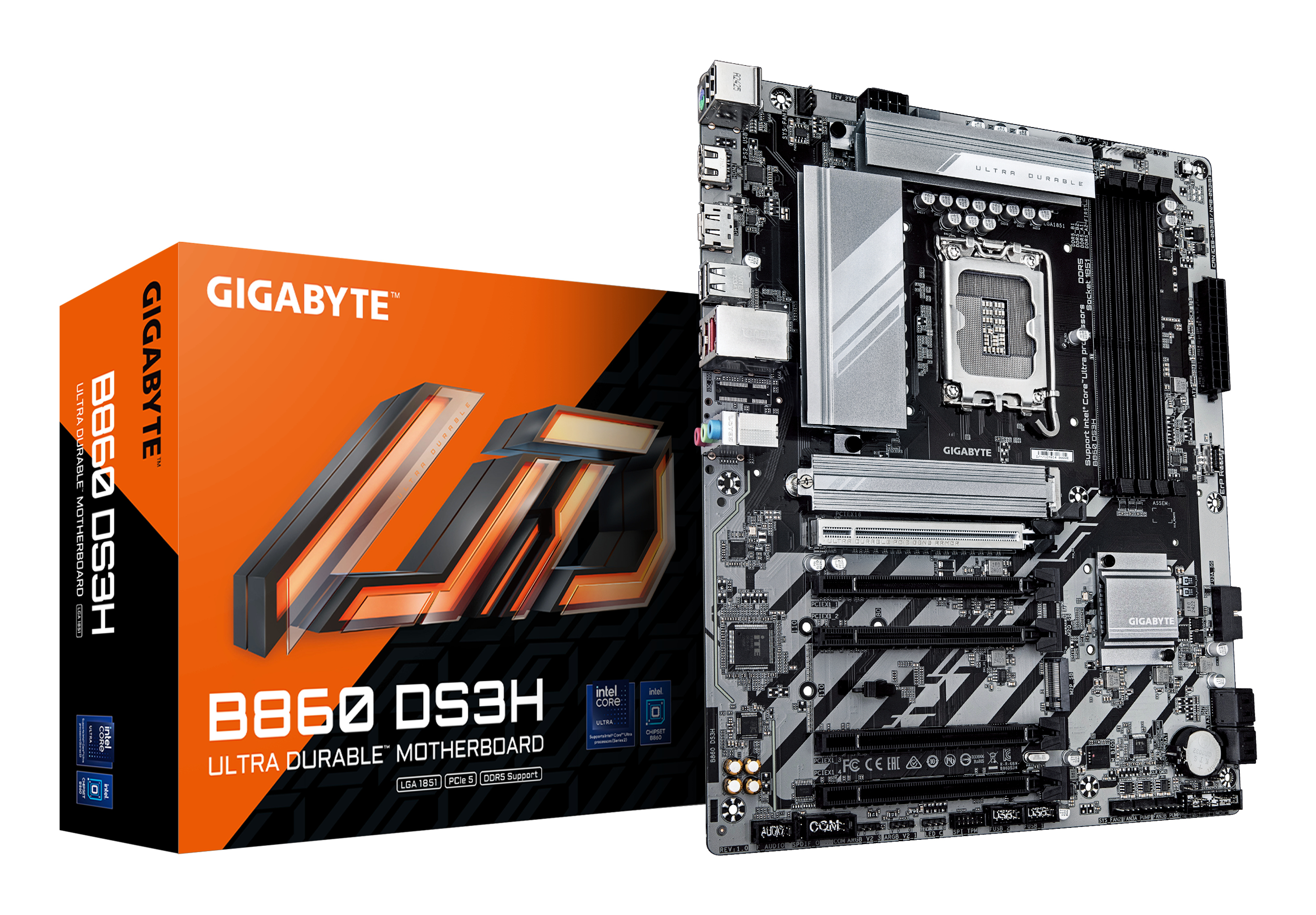 B860 DS3H Carte mère - Processeurs Intel Core Ultra, VRM 8+1+2+2 phases, jusqu'à 9066MHz DDR5, 1xPCIe 5.0 + 1xPCIe 4.0 M.2, LAN 2,5 GbE, USB 3.2 Gen 2x2