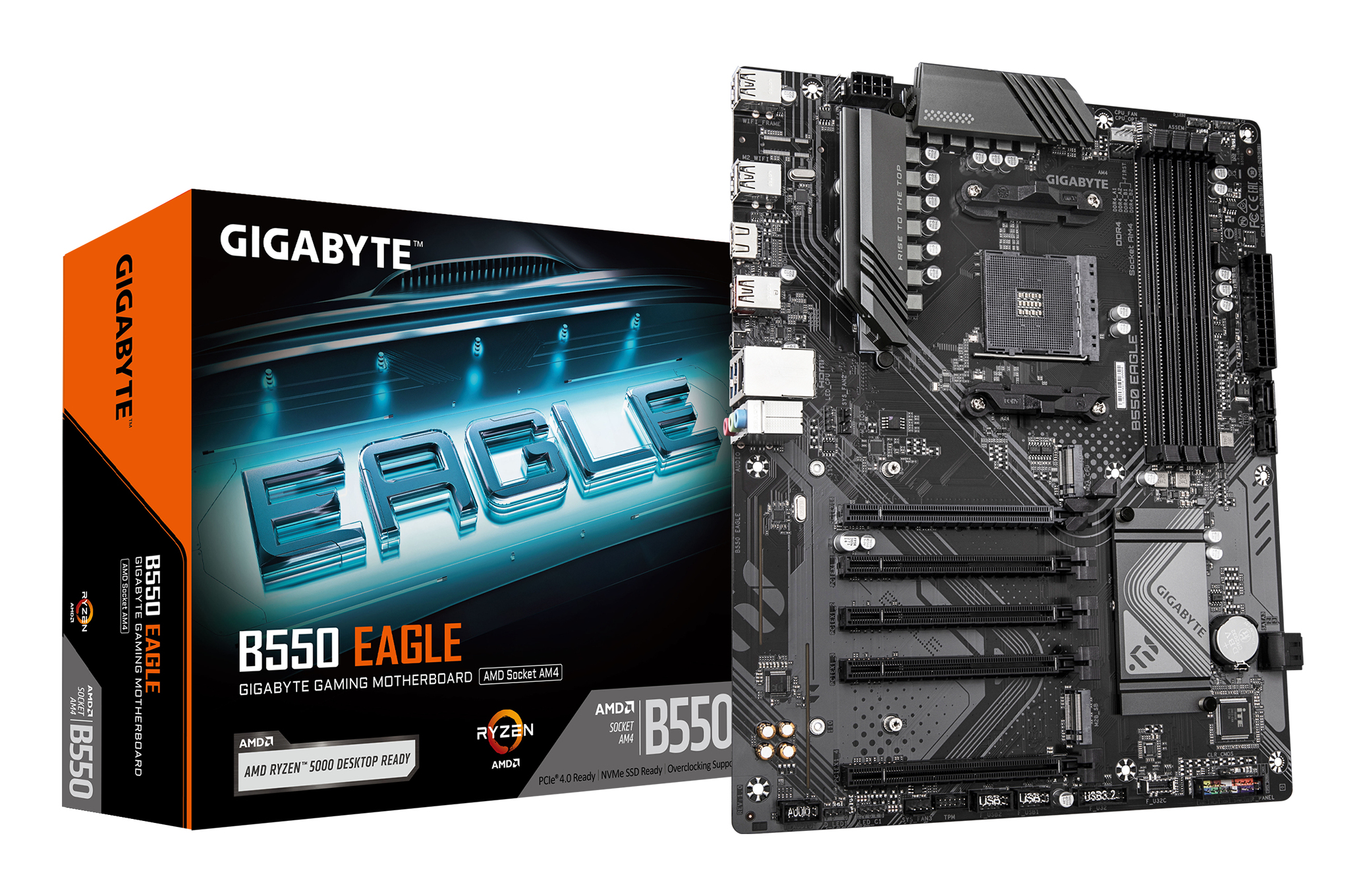 B550 EAGLE Carte mère - Processeurs AMD Ryzen série 5000 G, VRM 10+3+1 phases, jusqu'à 3200 MHz DDR4, 1xPCIe 4.0 + 1xPCIe 3.0 M.2, LAN 1GbE, USB 3.2 Gen 2