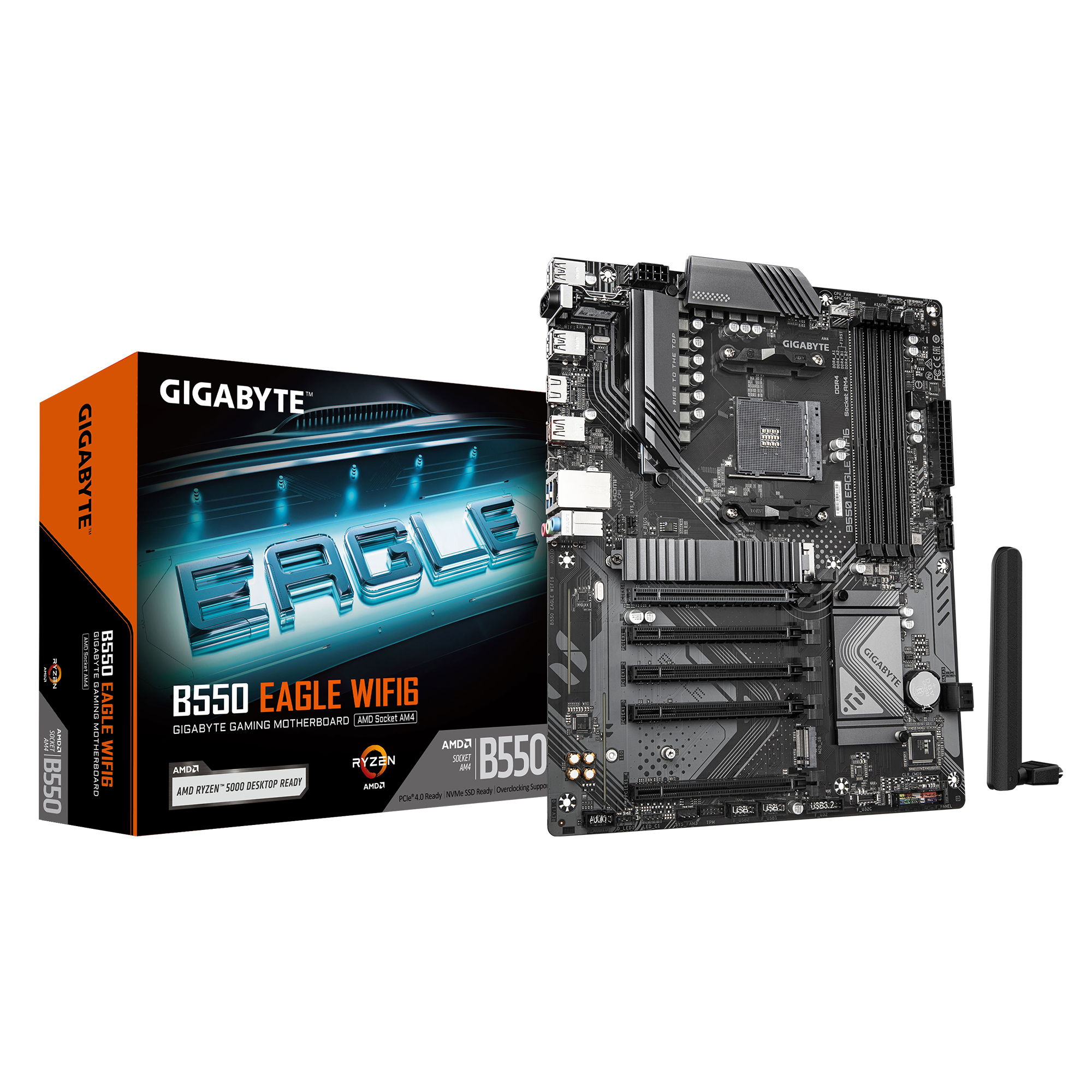 B550 EAGLE WIFI6 Carte mère - Processeurs AMD Ryzen série 5000 G, VRM 10+3+1 phases, jusqu'à 3200 MHz DDR4, 1xPCIe 4.0 + 1xPCIe 3.0 M.2, LAN 1GbE, WIFI 6, USB 3.2 Gen 2