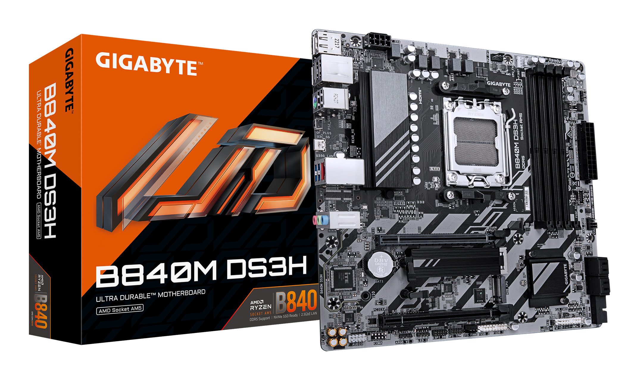 B840M DS3H Carte mère - Processeurs AMD Ryzen 9000, VRM 8+2+2 phases, jusqu'à 8200 MHz DDR5, 2xPCIe 4.0 M.2, LAN 2.5GbE, USB 3.2 Gen 1