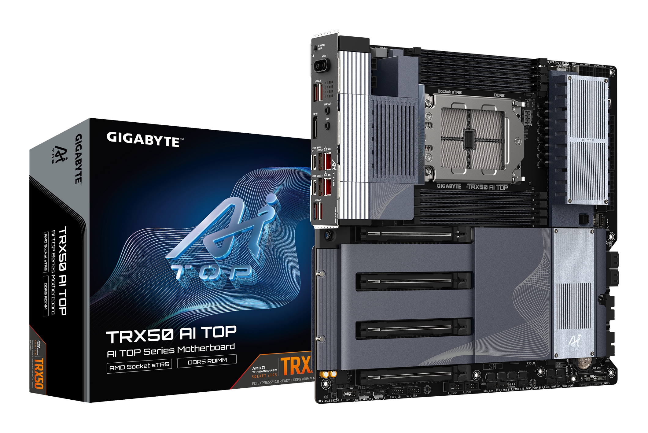 TRX50 AI TOP-2B Carte Mère – Processeurs AMD Ryzen Threadripper PRO 7000, VRM numérique 16+8+4 phases, jusqu’à 5200 MHz DDR5, 4 x M.2 PCIe 5.0, Wi-Fi 7, LAN 10 GbE, USB 4