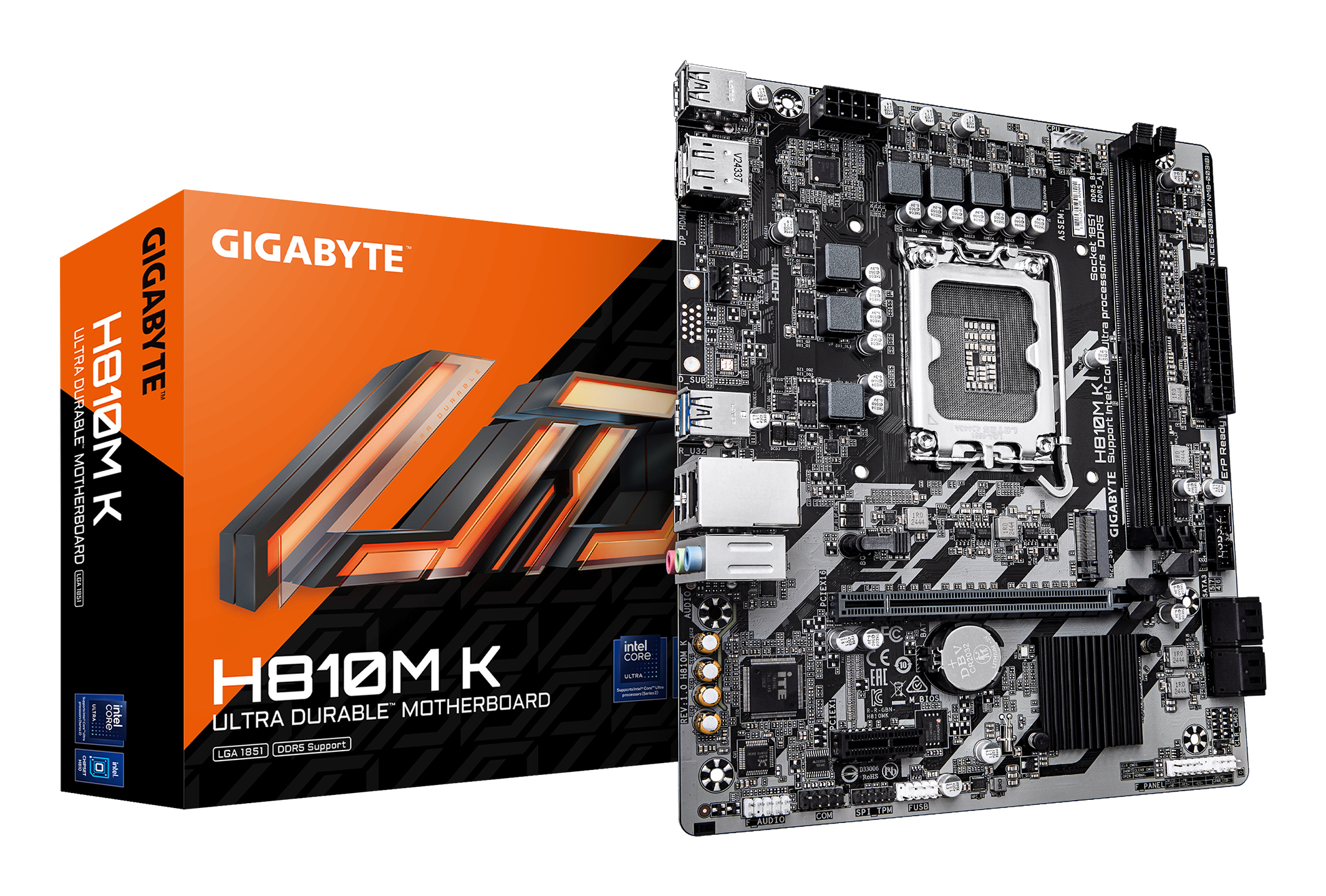 H810M K Carte Mère – Processeurs Intel Core Ultra (Série 2), VRM 3+1+2 phases, jusqu'à 6400 MHz DDR5, 1 x M.2 PCIe 4.0, LAN 1 GbE, USB 3.2 Gen 1