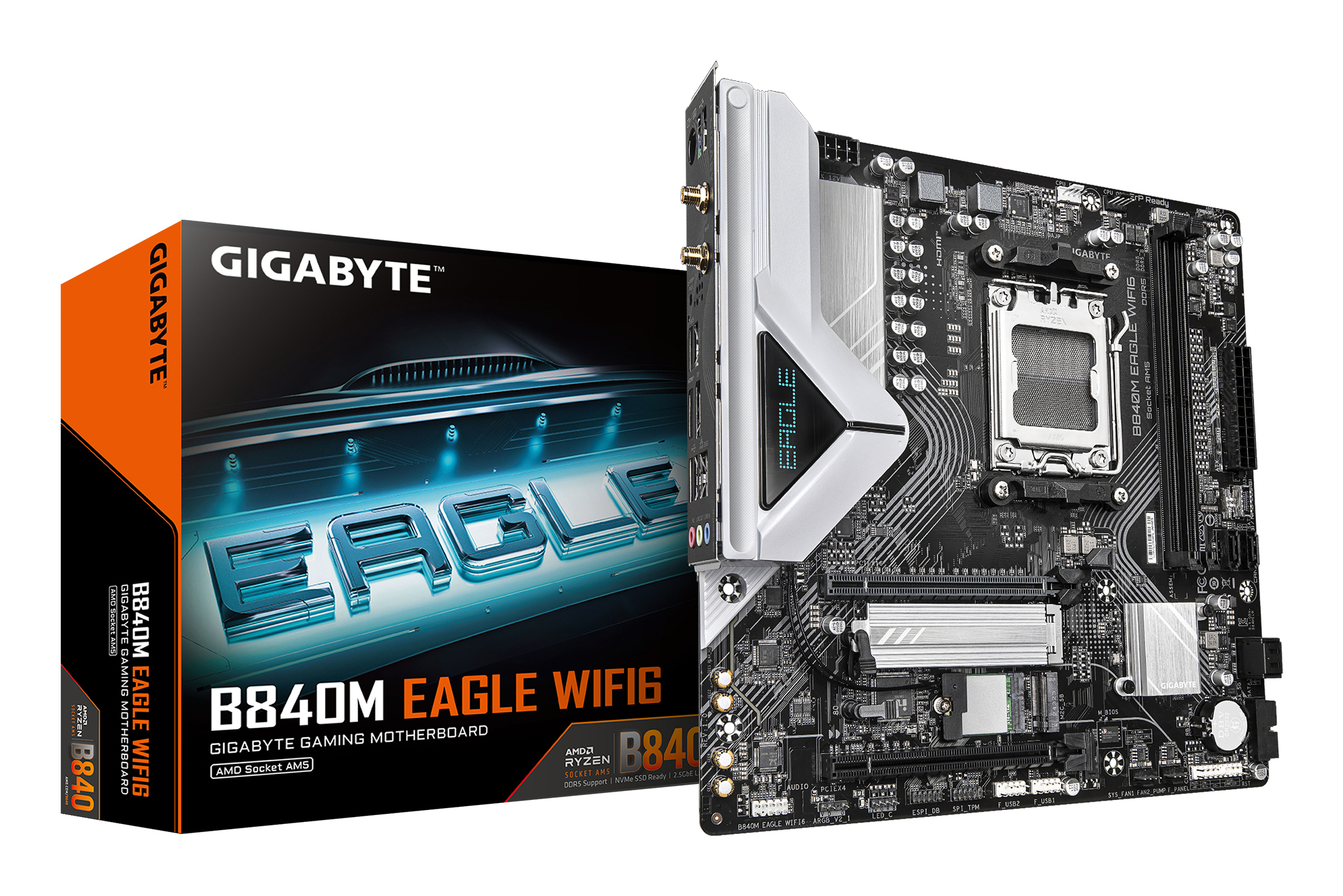 B840M EAGLE WIFI6 Carte Mère – Processeurs AMD Ryzen 9000, 5+2+2 phases VRM, jusqu’à 7600 MHz DDR5 (O.C.), 1 x M.2 PCIe 4.0 + 1 x M.2 PCIe 3.0, Wi-Fi 6, LAN 2.5 GbE, USB 3.2 Gen 1