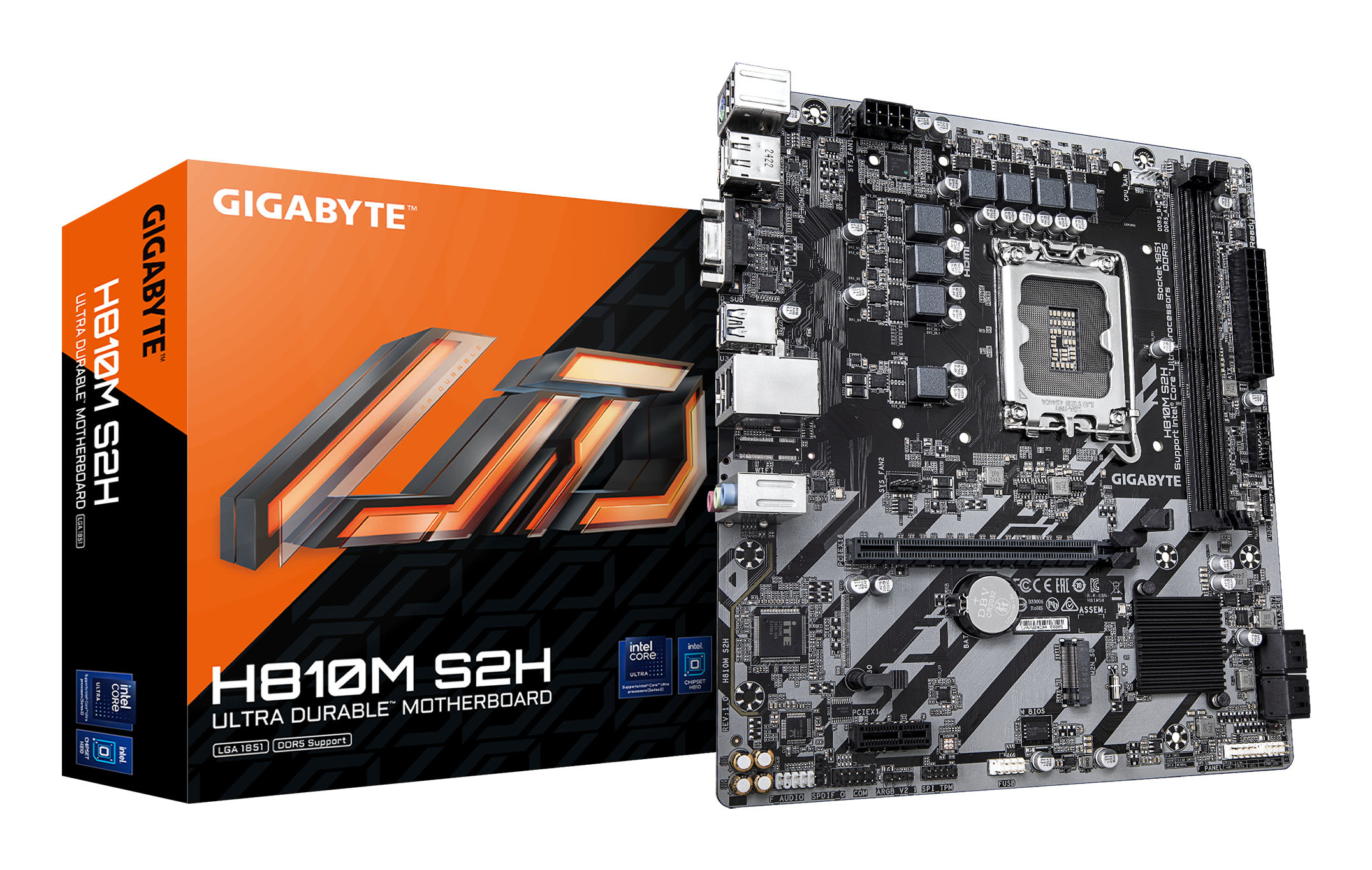 H810M S2H Carte mère - Processeurs Intel Core Ultra (Série 2), VRM 4+1+2 phases, jusqu'à 6400 MHz DDR5, 1xPCIe 4.0 M.2, LAN 1GbE, USB 3.2 Gen 1