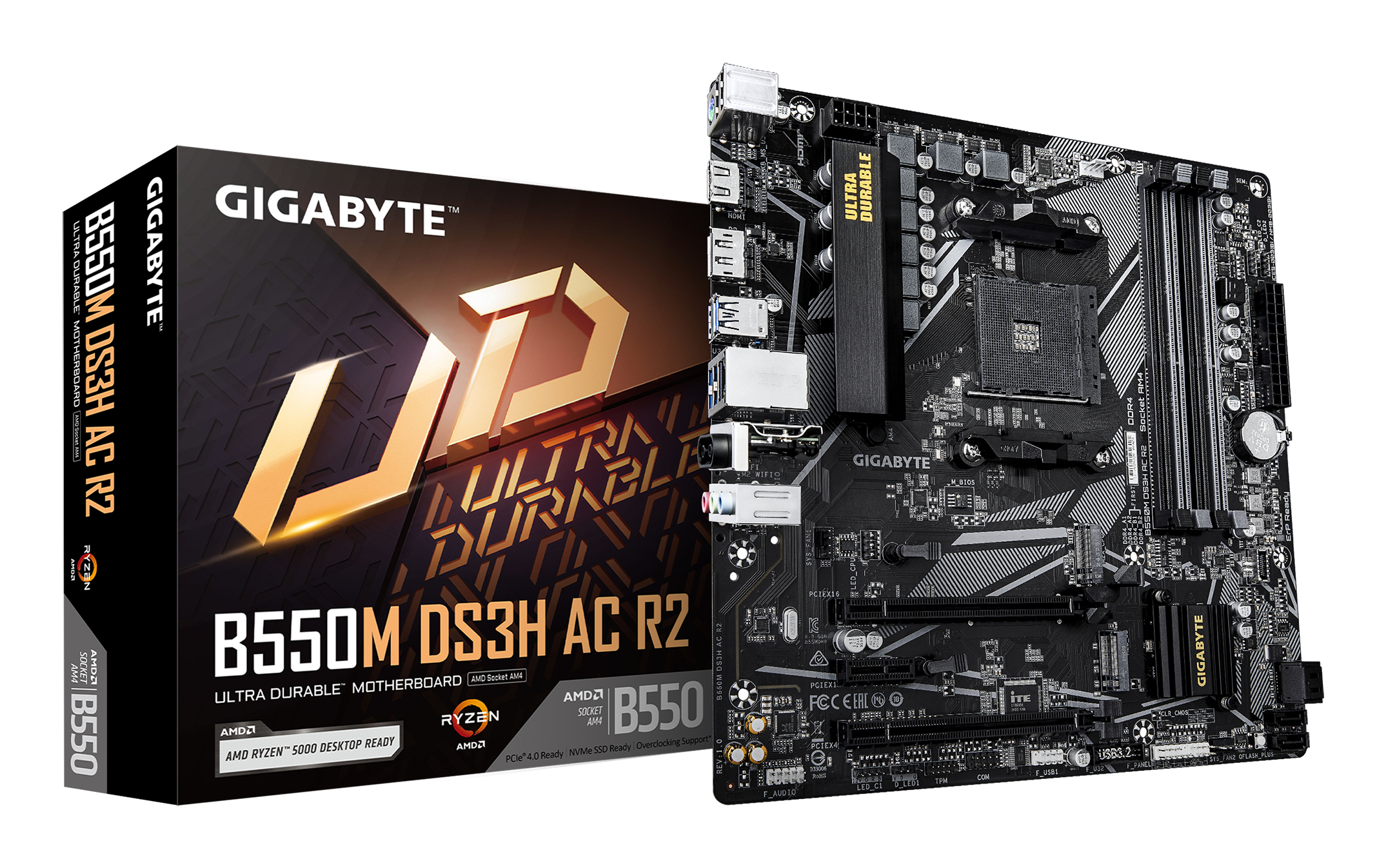 B550M DS3H AC R2 Carte mère - Processeurs AMD Ryzen 5000, VRM 5+3 phases, jusqu'à 4733 MHz DDR4 (O.C.), 1x M.2 PCIe 4.0 + 1x M.2 PCIe 3.0, Wi-Fi 5, LAN 1 GbE, USB 3.2 Gen 1