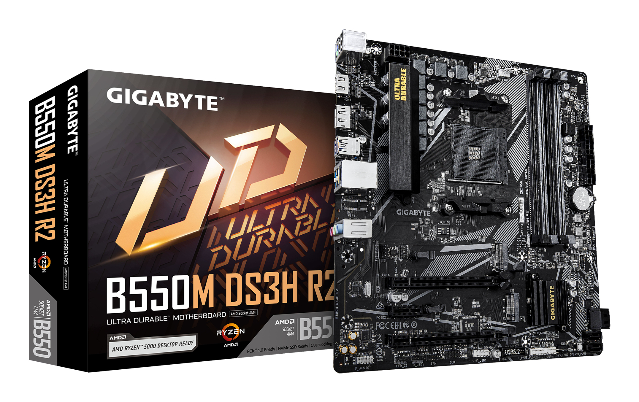 B550M DS3H R2 Carte mère - Processeurs AMD Ryzen 5000, VRM 5+3 phases, jusqu'à 4733 MHz DDR4 (O.C.), 1x M.2 PCIe 4.0 + 1x M.2 PCIe 3.0, LAN 1 GbE, USB 3.2 Gen 1