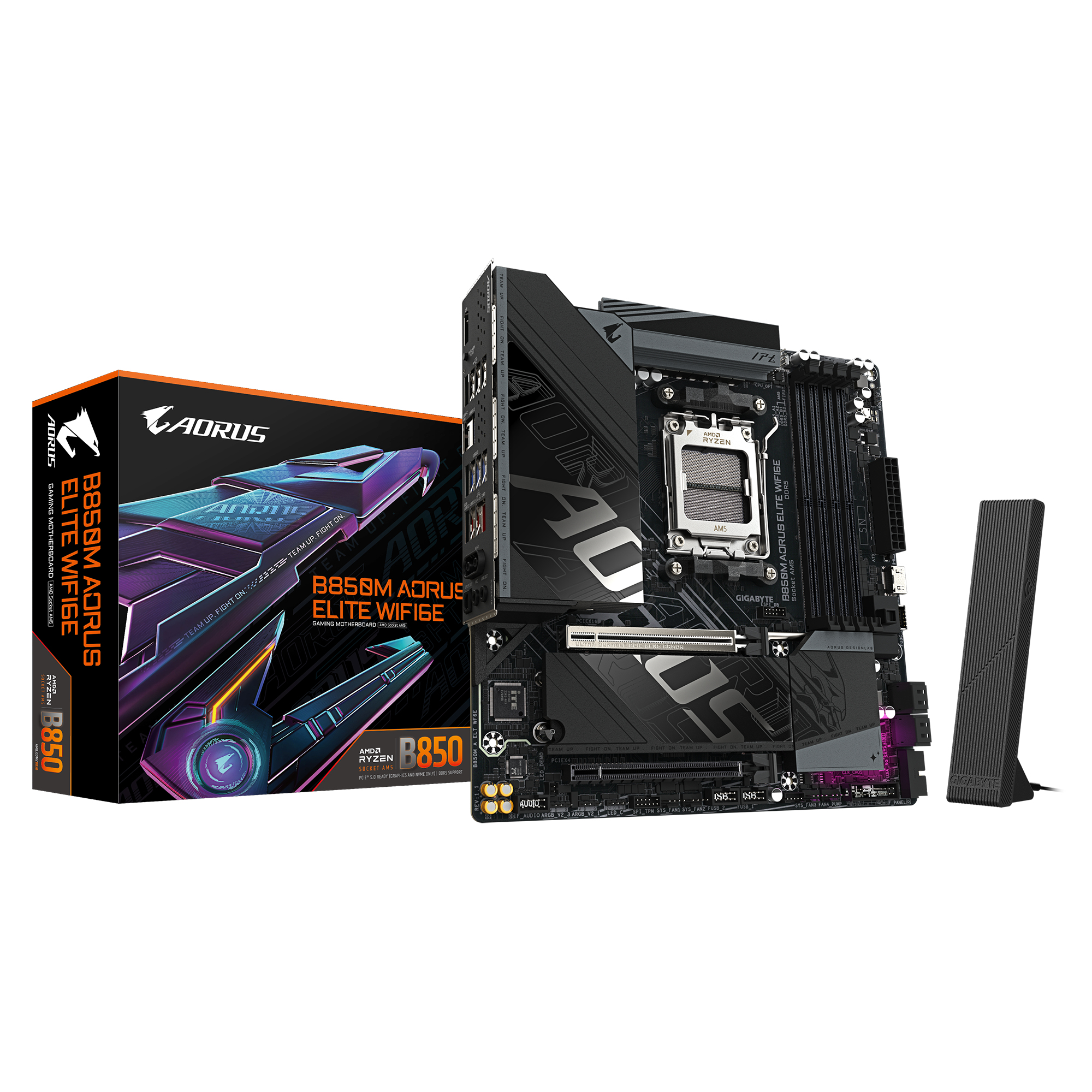 B850M AORUS ELITE WIFI6E Carte mère - Processeurs AMD Ryzen série 9000, VRM numérique 12+2+2 phases, jusqu'à 8200 MHz DDR5 (O.C.), 1x M.2 PCIe 5.0 + 1x M.2 PCIe 4.0, Wi-Fi 6E, LAN 2.5 GbE, USB 3.2 Gen 2