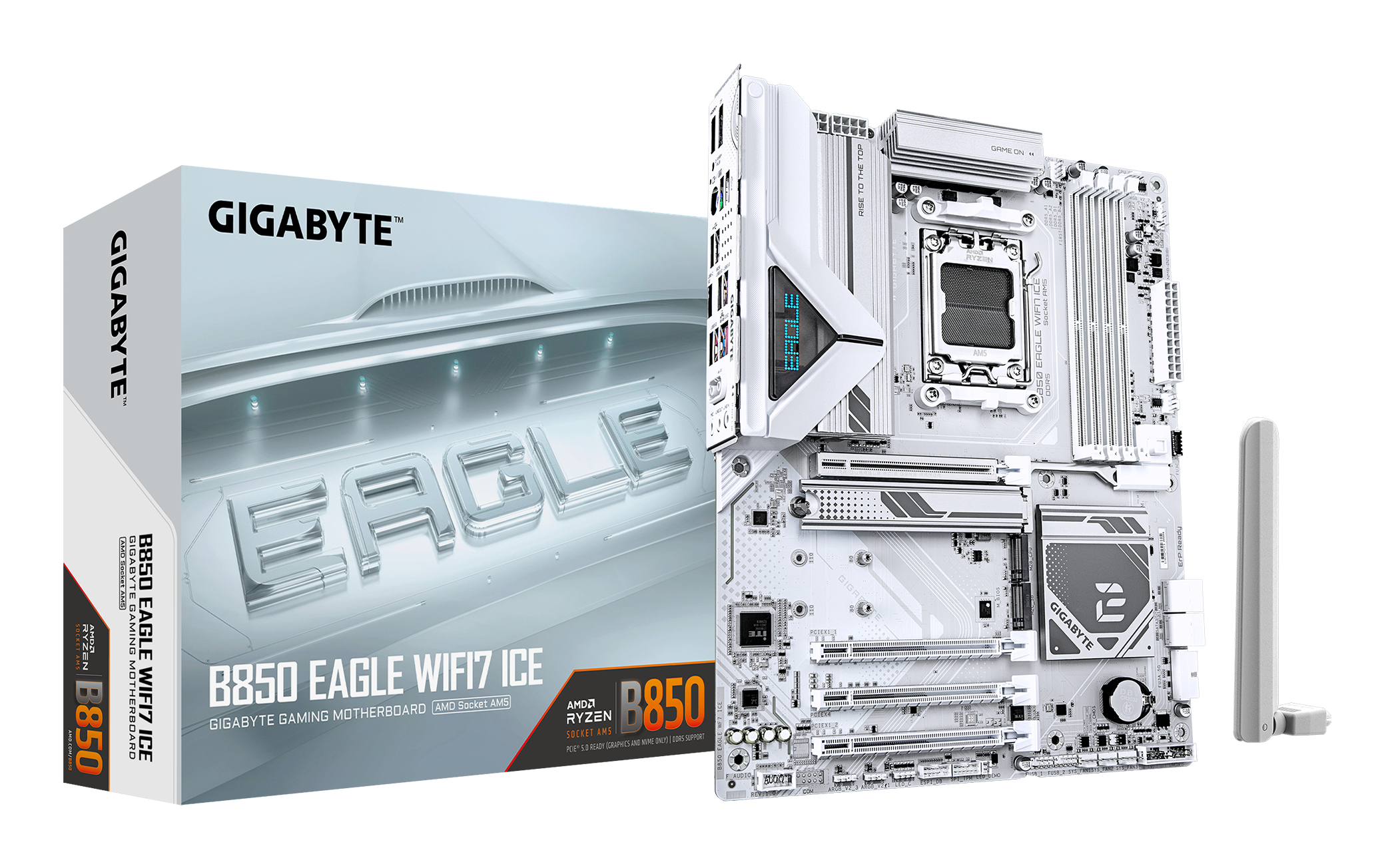 B850 EAGLE WIFI7 ICE Carte mère - Processeurs AMD Ryzen série 9000, VRM numérique 8+2+2 phases, jusqu'à 8200 MHz DDR5 (O.C.), 1x M.2 PCIe 5.0 + 2x M.2 PCIe 4.0, Wi-Fi 7, LAN 2.5 GbE, USB 3.2 Gen 2
