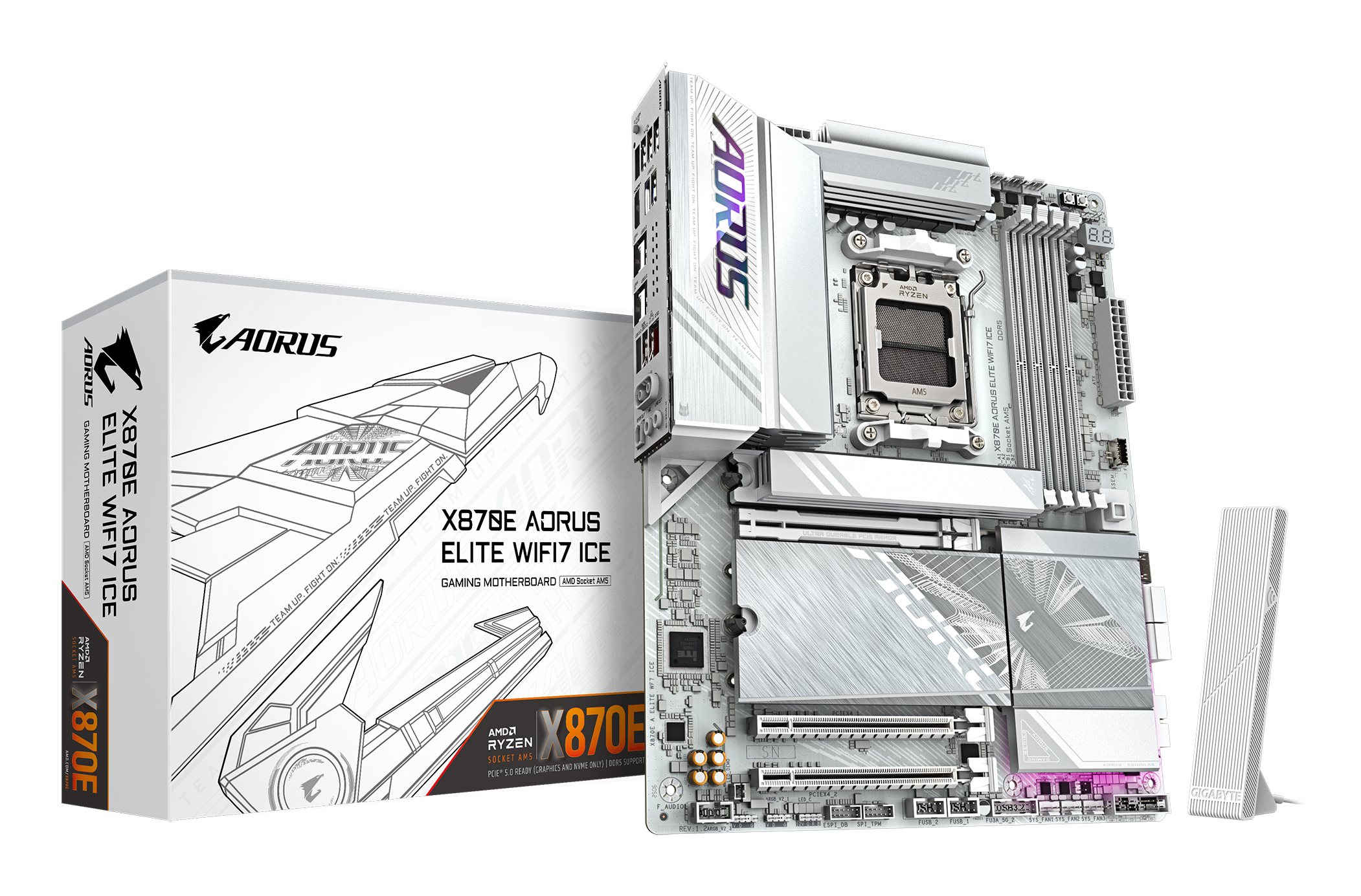 X870E AORUS ELITE WIFI7 ICE Carte mère - Prend en charge les processeurs AMD Ryzen 9000, VRM numérique 16+2+2 phases, jusqu'à 8200 MHz DDR5 (O.C.), 3x PCIe 5.0 + 1x PCIe 4.0, Wi-Fi 7, LAN 2.5 GbE, USB 4