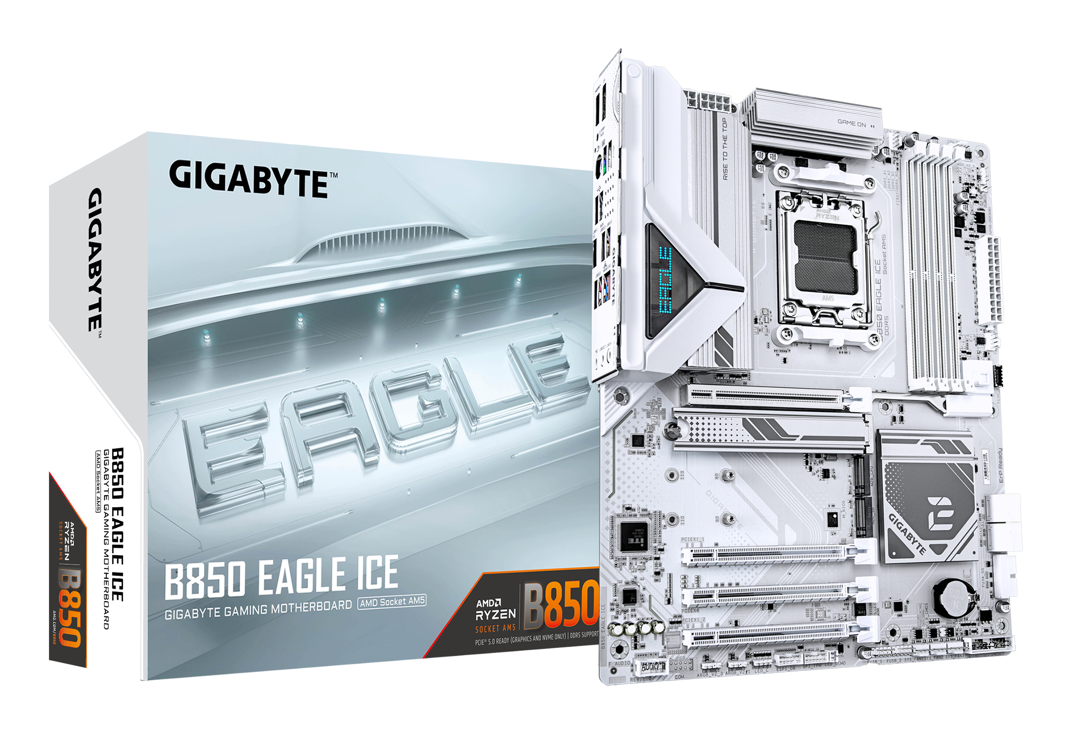 B850 EAGLE ICE Carte Mère – Processeurs AMD Ryzen série 9000, VRM numérique 8+2+2 phases, jusqu’à 8200 MHz DDR5 (O.C), 1 x M.2 PCIe 5.0 + 2 x M.2 PCIe 4.0, LAN 2.5 GbE, USB 3.2 Gen 2
