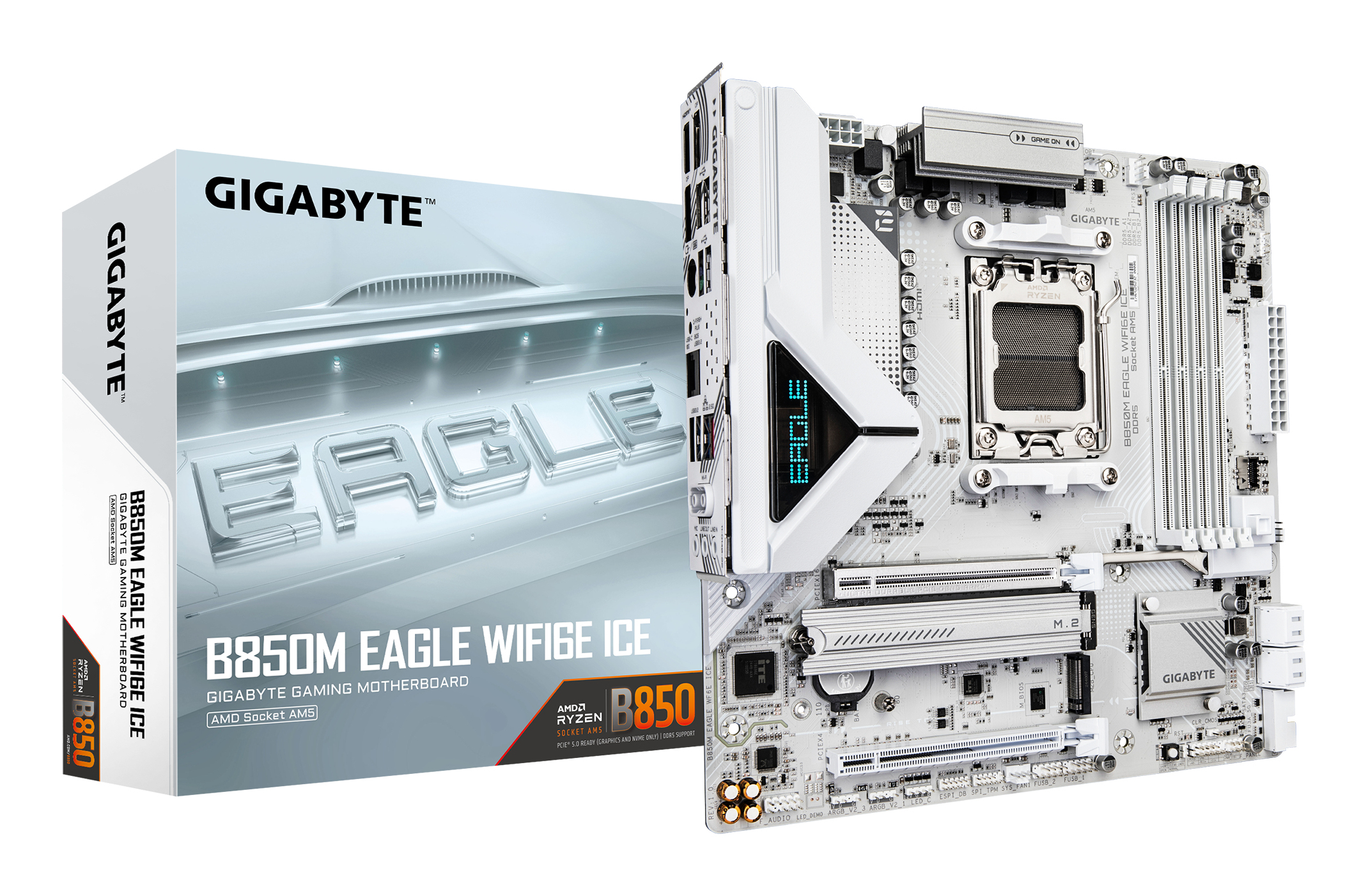 B850M EAGLE WIFI6E ICE Carte Mère – Processeurs AMD Ryzen série 9000, VRM numérique 8+2+2 phases, jusqu’à 8200 MHz DDR5 (OC), 1 x M.2 PCIe 5.0 + 1 x PCIe 4.0, Wi-Fi 6E, LAN 2.5 GbE, USB 3.2 Gen 2